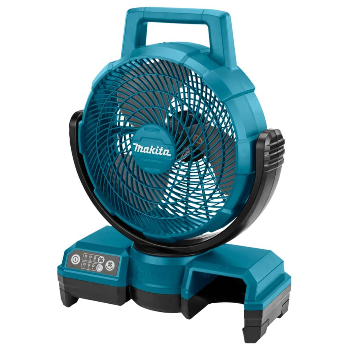 Ventilador Makita turquesa. Tiene un asa y una base negra con botones de control.