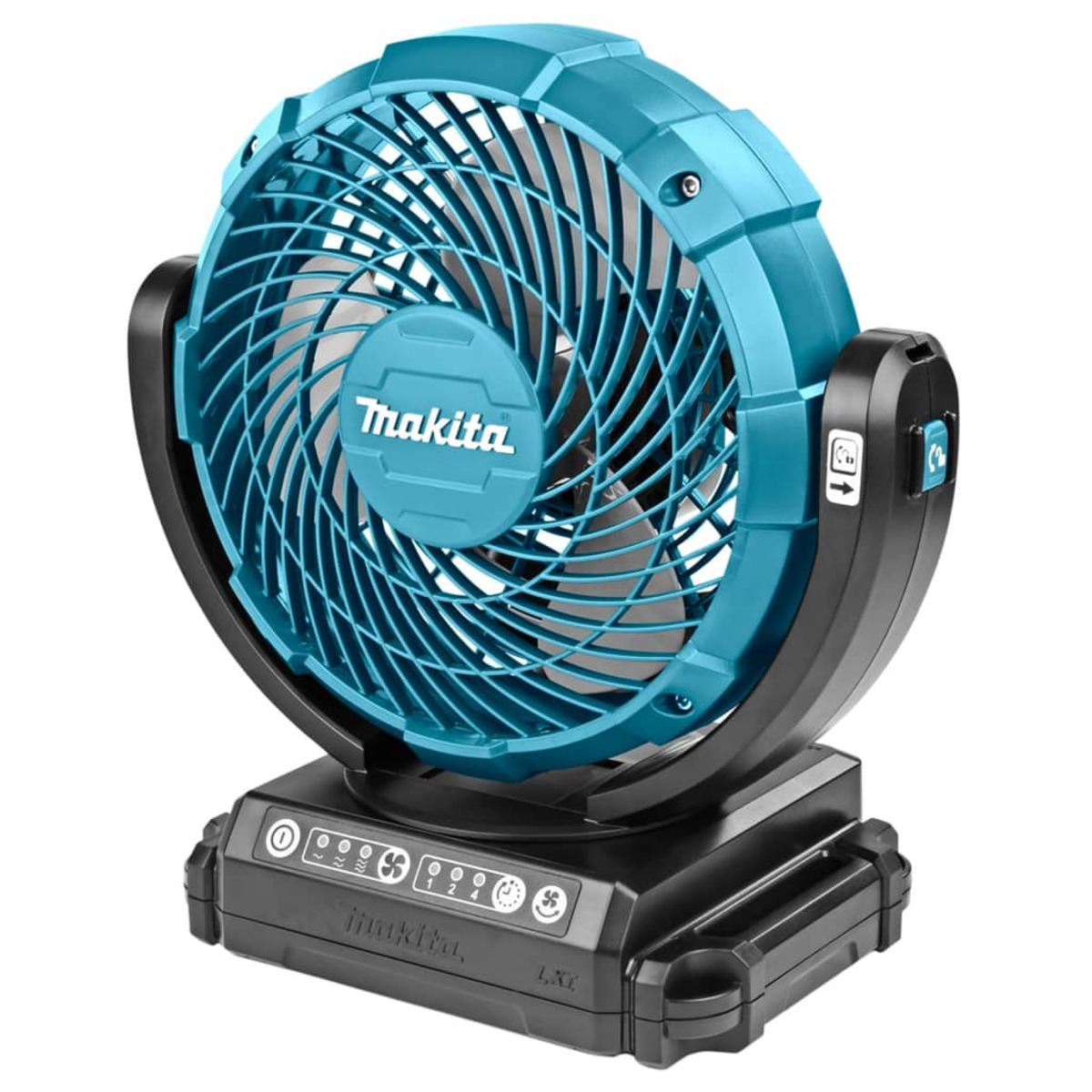 Ventilador Makita azul y negro sobre una base negra. Tiene varios botones de control.