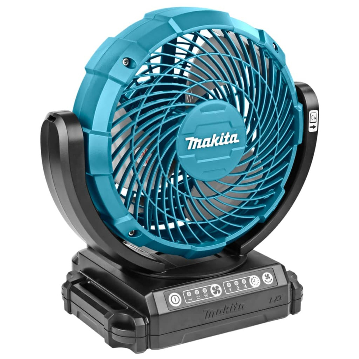 Un ventilador Makita azul y negro, diseñado para uso en exteriores, sobre un fondo blanco.