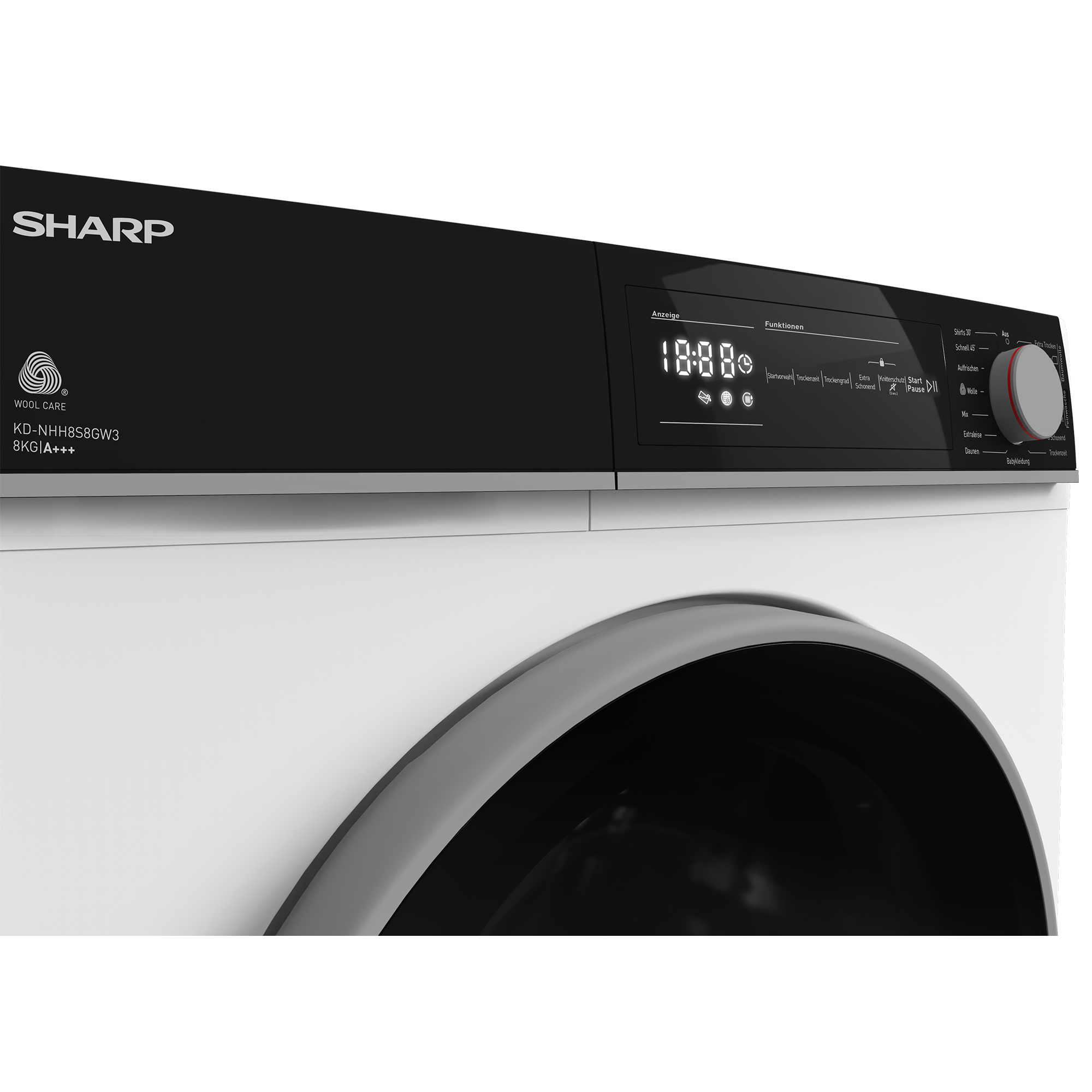Nahaufnahme einer weiß-schwarzen Waschmaschine. Das Sharp-Logo ist sichtbar. Digitalanzeige oben.