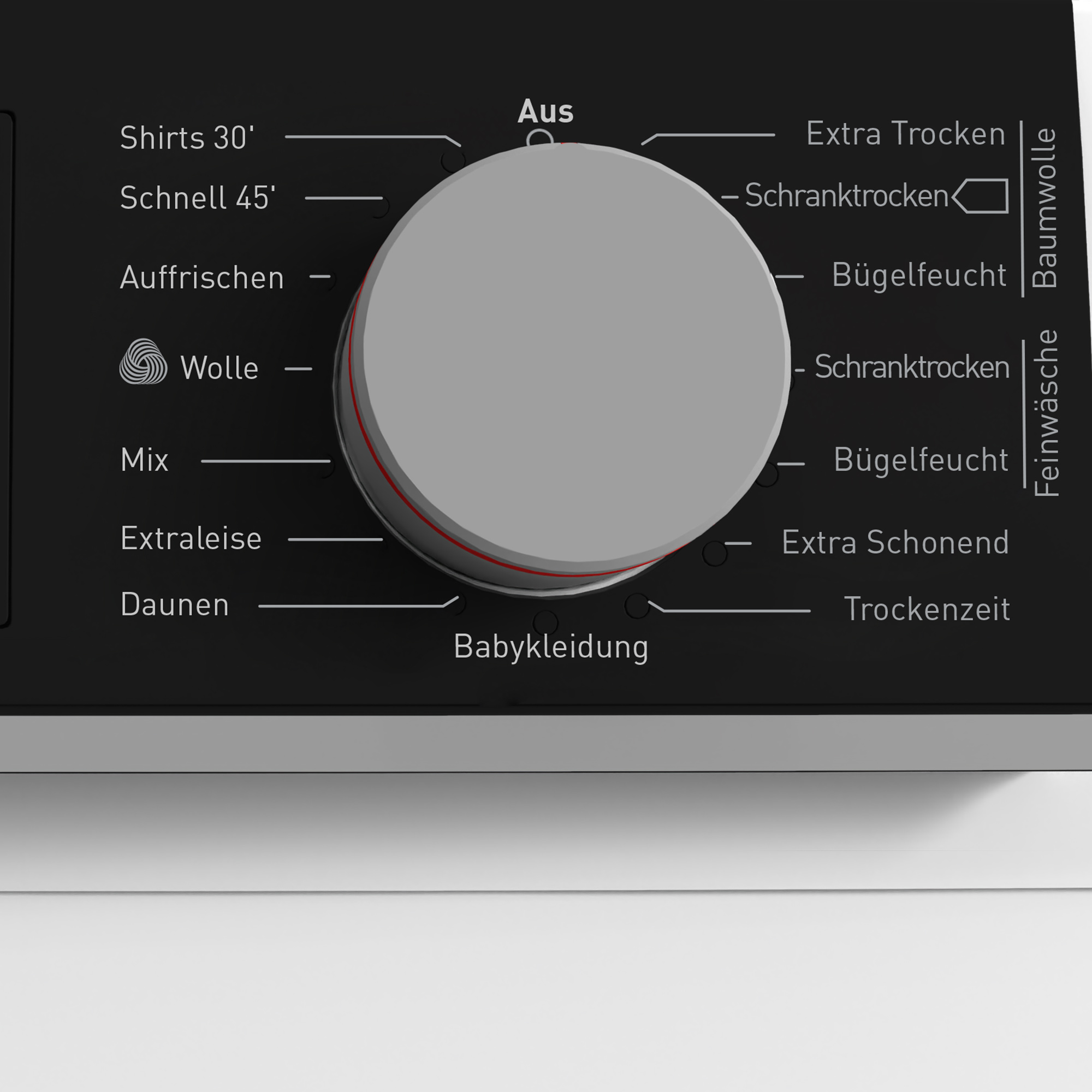 Ein Bedienfeld einer Waschmaschine mit Drehregler und Textbezeichnungen für verschiedene Waschprogramme.