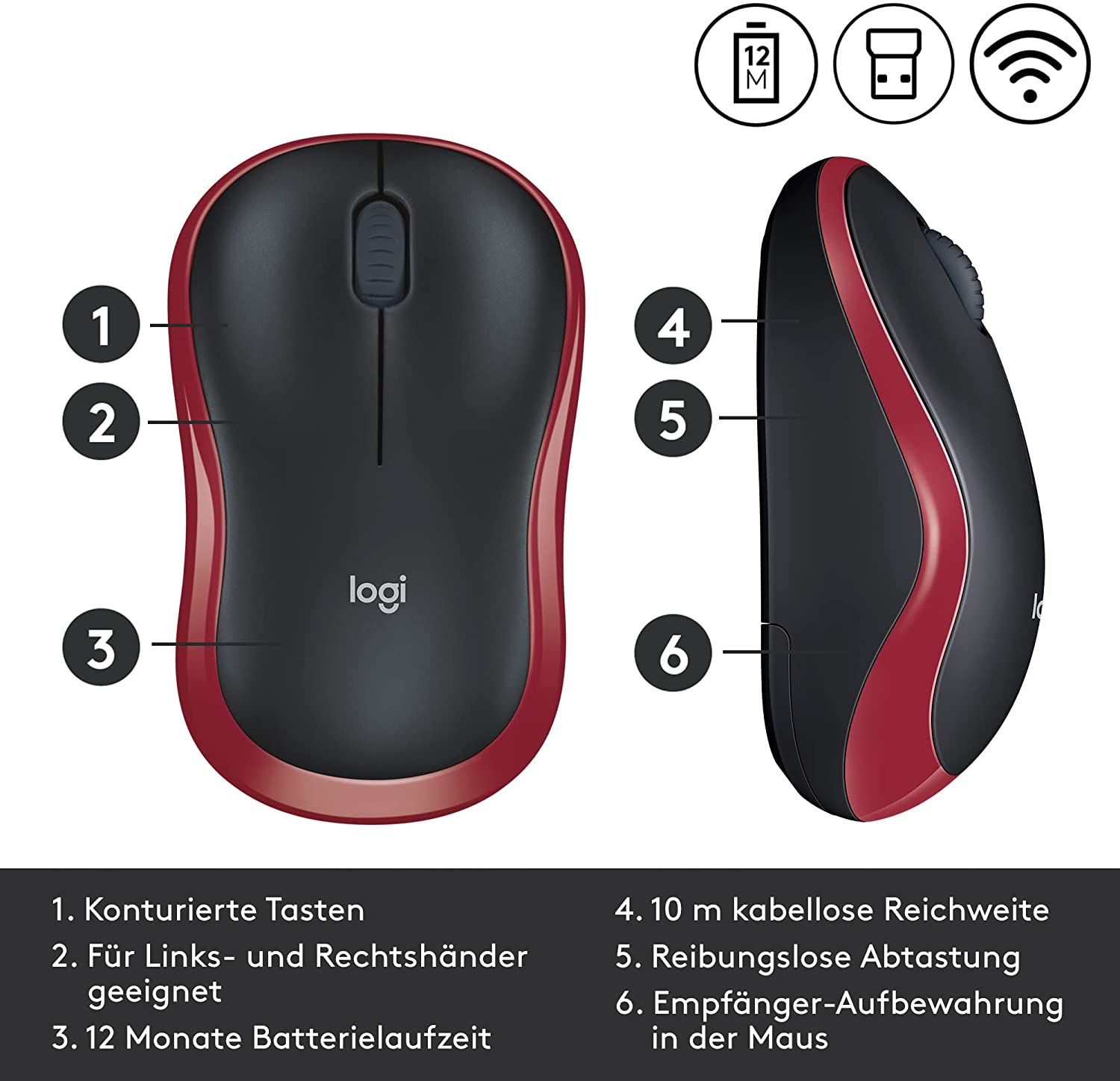 Een zwart-rode Logitech muis met genummerde functies: voorgevormde knoppen, voor beide handen, 12 maanden batterij, draadloos bereik, soepele tracking, opslag.