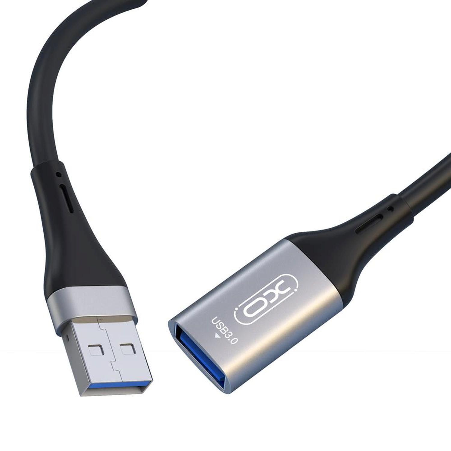 Ein schwarzes und silbernes USB 3.0 Verlängerungskabel.