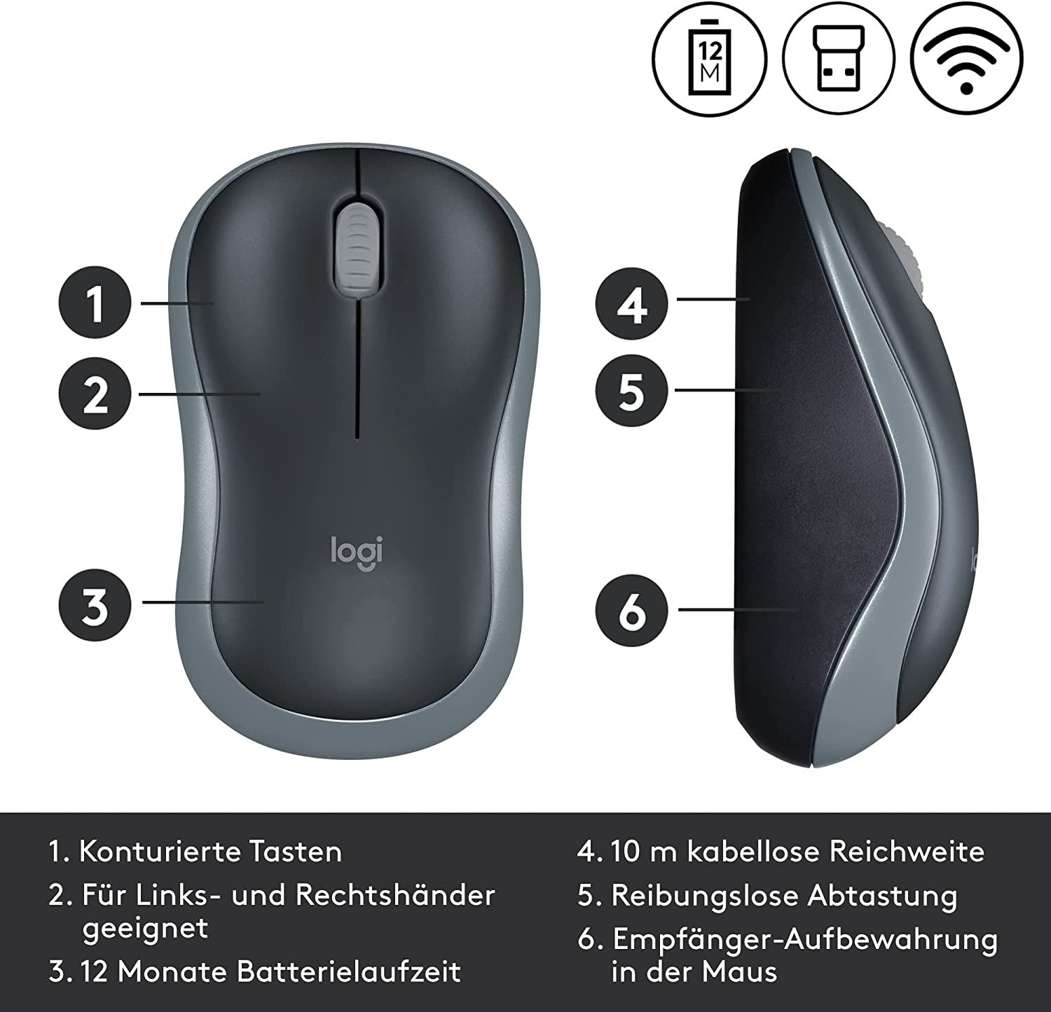 Mouse wireless Logitech grigio con funzioni numerate da uno a sei su sfondo bianco.
