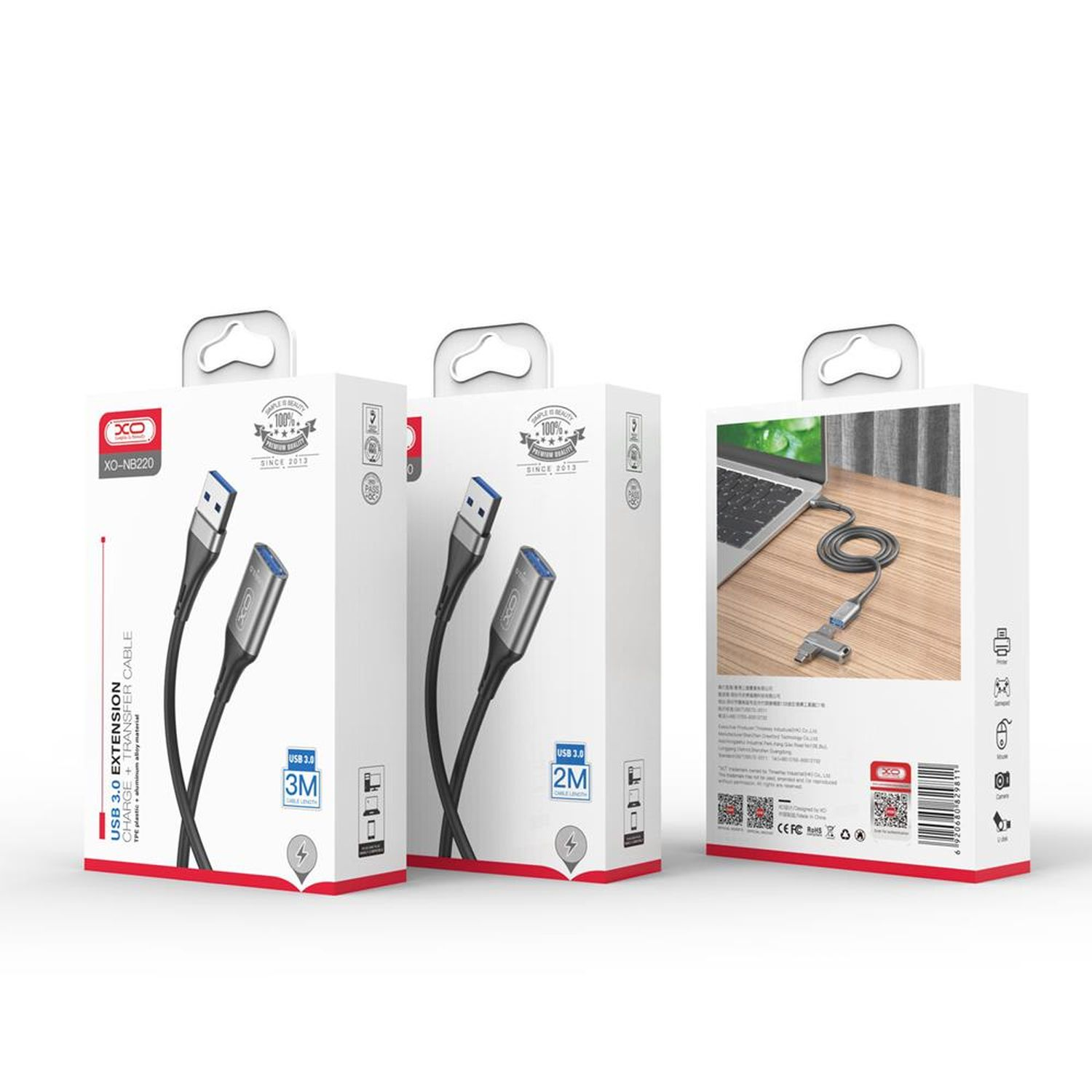 Drei USB 3.0 Verlängerungskabel-Boxen, mit Kabeln und Produktinformationen.