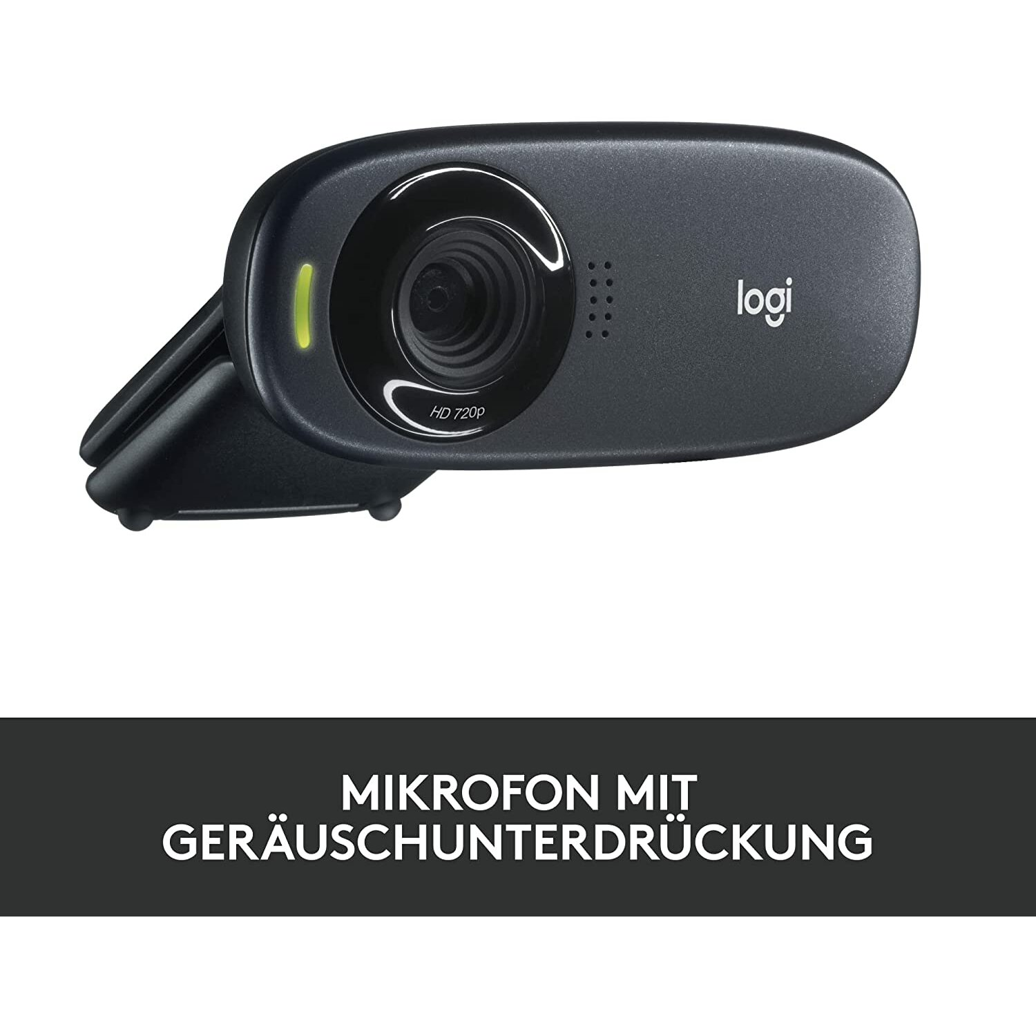 Schwarze Webcam mit Mikrofon. Draufsicht, weißer Hintergrund.