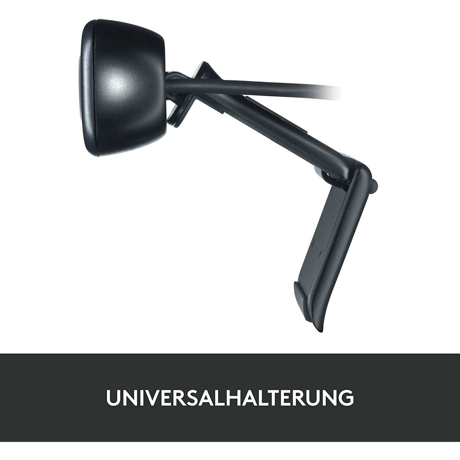 Schwarze universelle Webcam-Halterung auf weißem Hintergrund.
