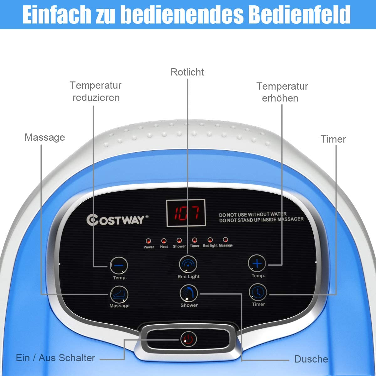 Bedienfeld für ein blau-weißes Massagegerät, mit beschrifteten Knöpfen und Anzeige.