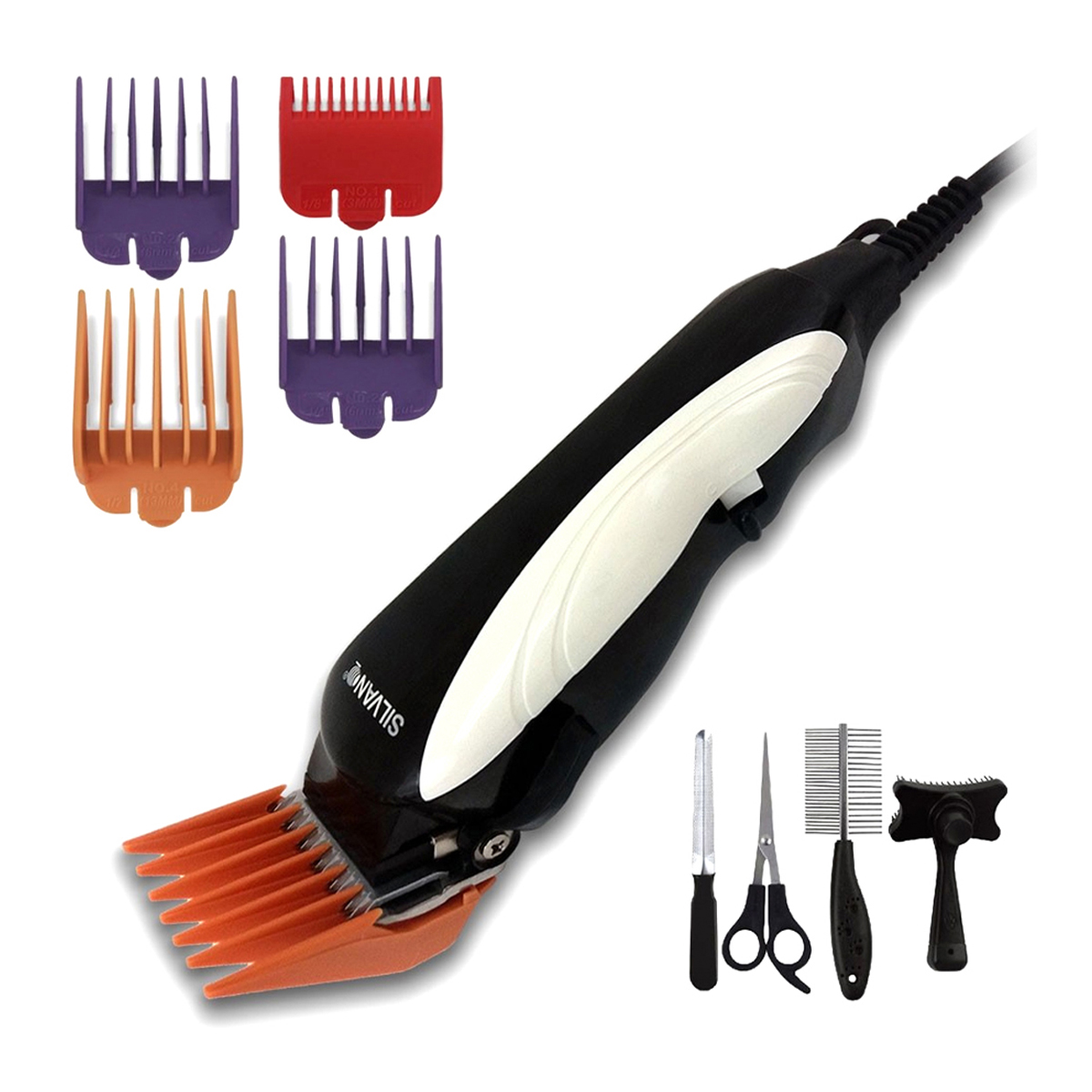 Una cortadora de pelo para mascotas en blanco y negro con accesorios y herramientas de aseo adicionales.