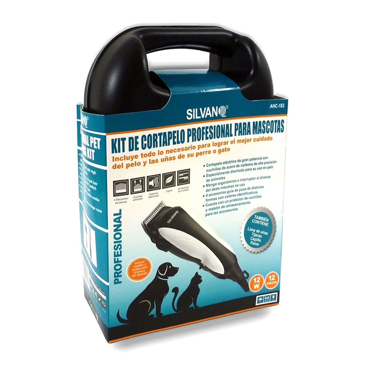 Una caja de kit de aseo para mascotas con una cortadora, siluetas de perro y gato. La caja es blanca y negra, con detalles del producto.