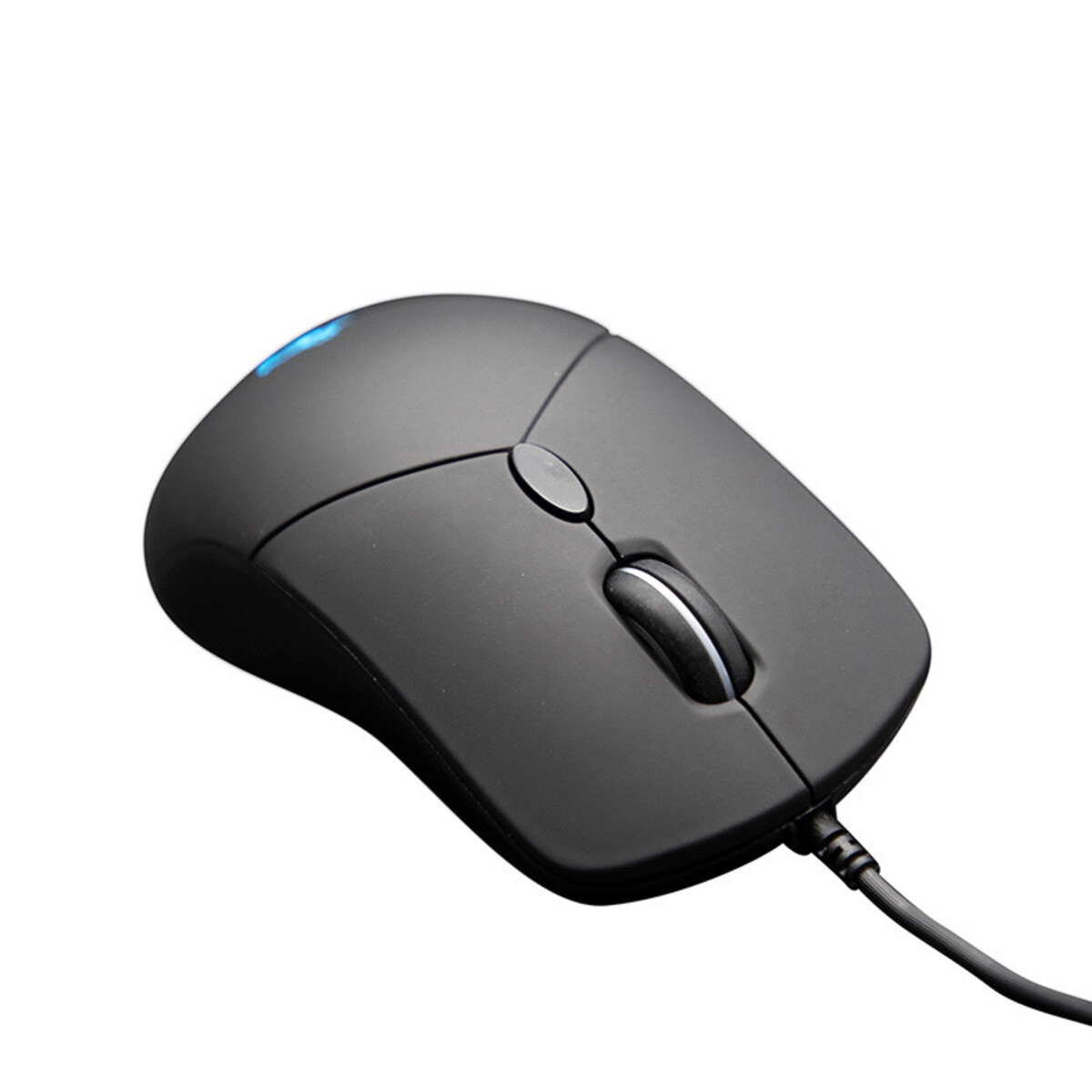 Mouse per computer nero con rotella e luce blu.