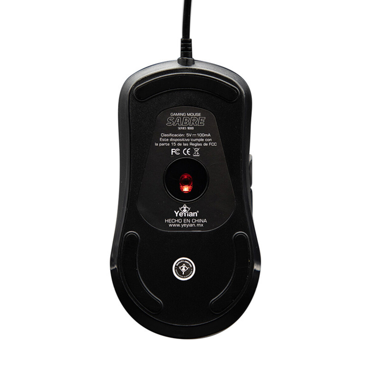 Base del mouse da gioco nera con testo e sensore rosso. Sfondo bianco.