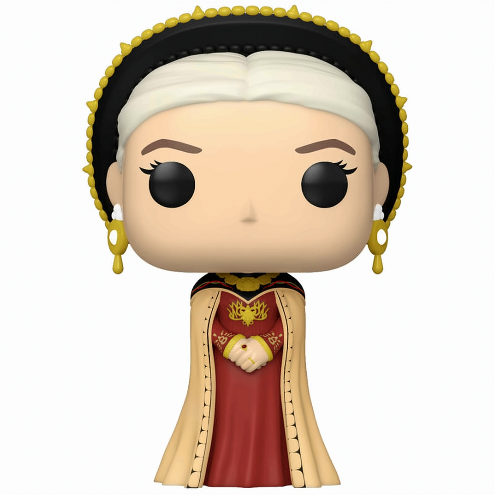 Funko Pop Figur einer Frau mit schwarzem und goldenem Kopfschmuck, rotem Kleid und Goldschmuck.
