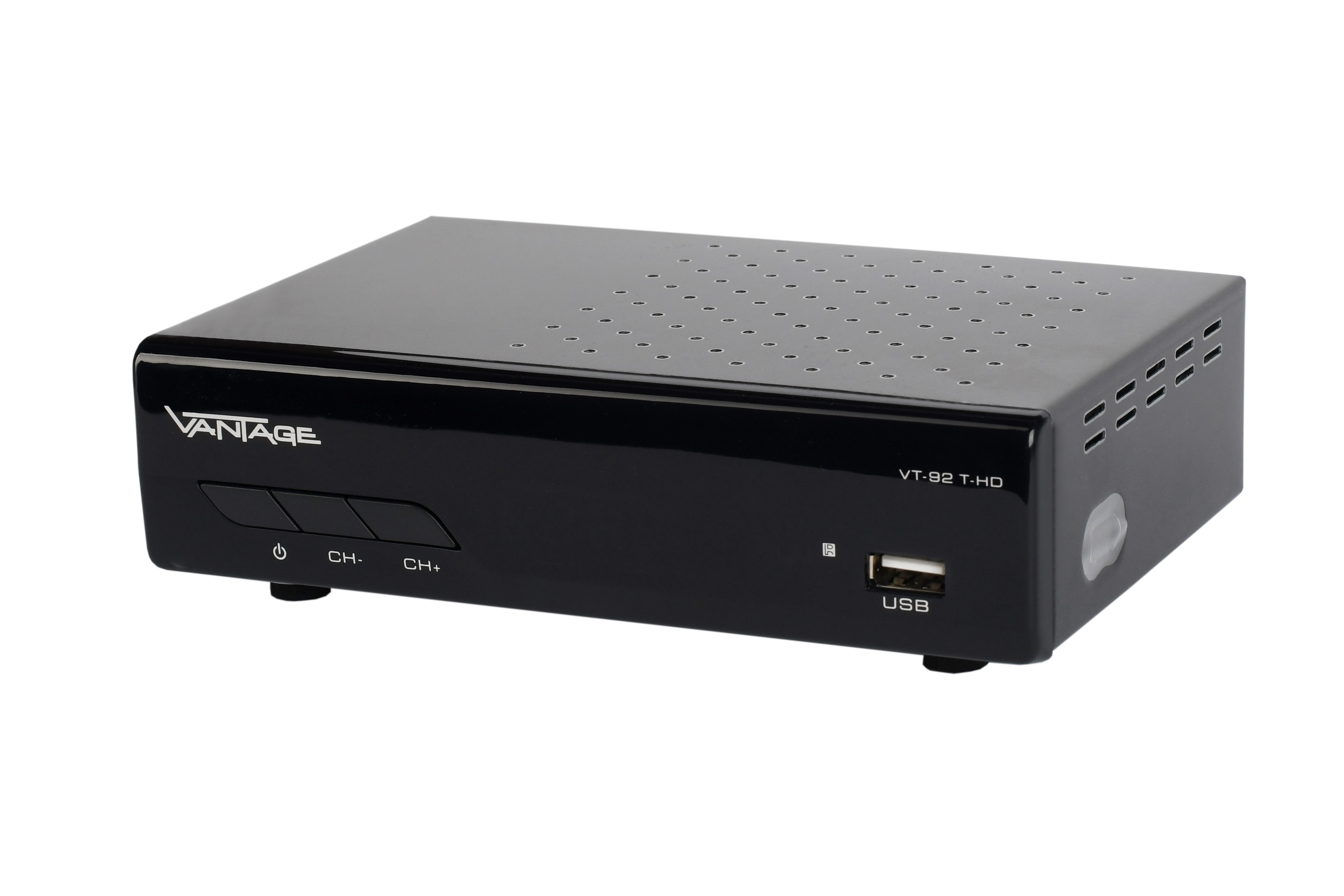 Eine schwarze VANTAGE VT-92 T-HD Empfängerbox mit Knöpfen und einem USB-Anschluss.