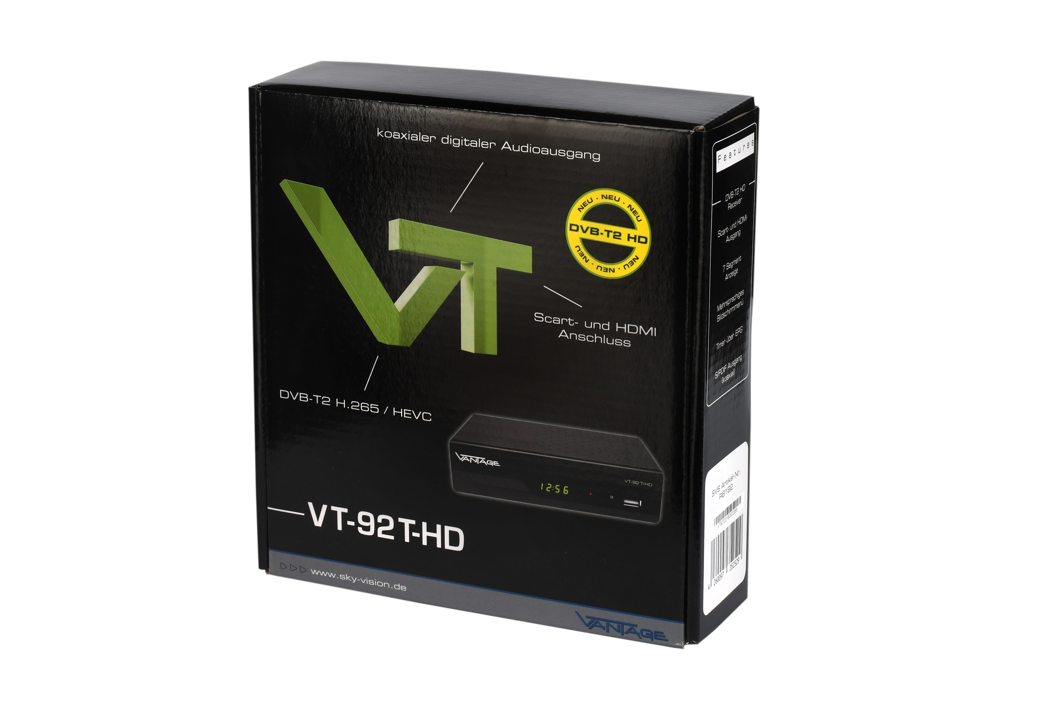 Eine schwarze Box mit schwarzem und grünem Design. Die Box ist für einen DVB-T2 HD-Empfänger.