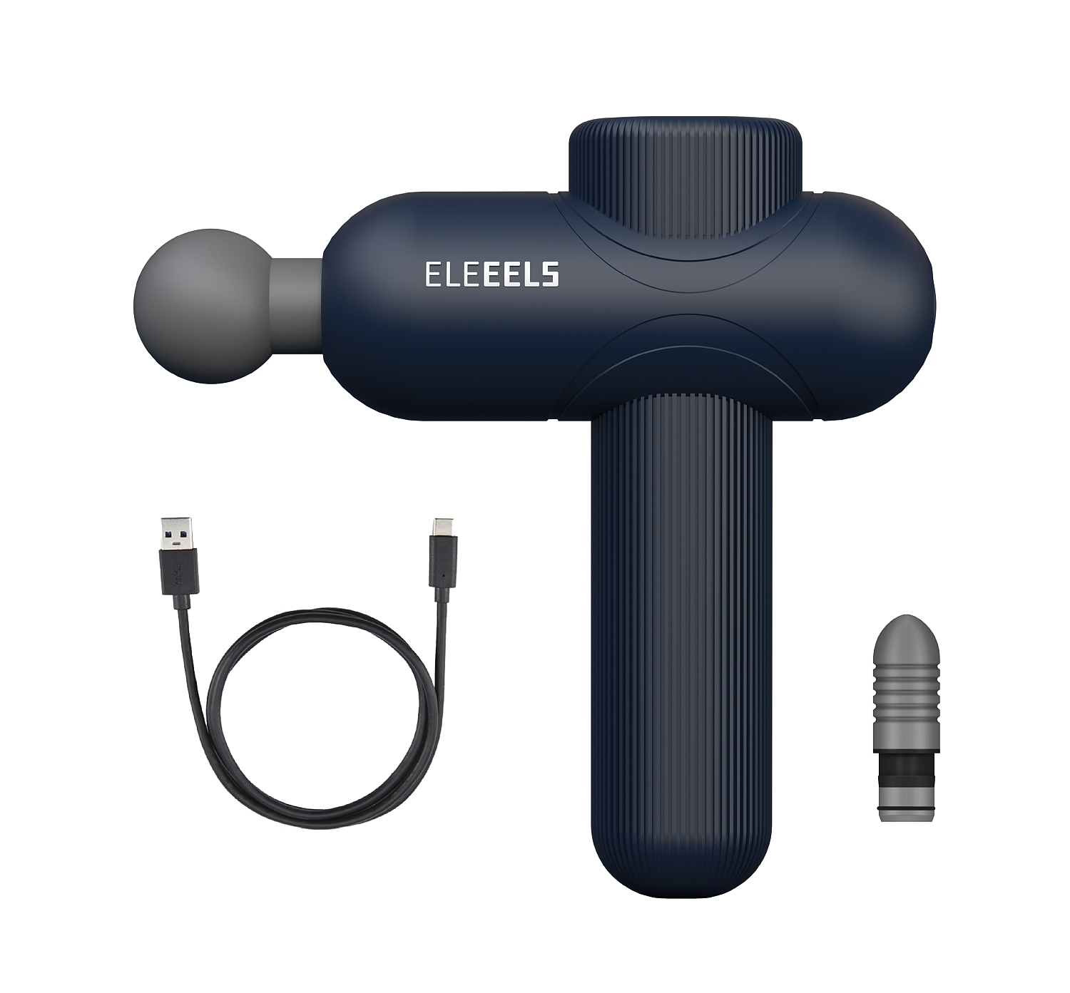 Blaue Massagepistole mit Zubehör und einem Ladekabel.