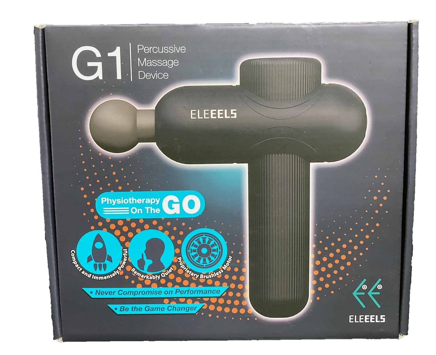 G1 Perkussives Massagegerät Box. Schwarzes Gerät wird angezeigt. Text und Grafiken um das Gerät.