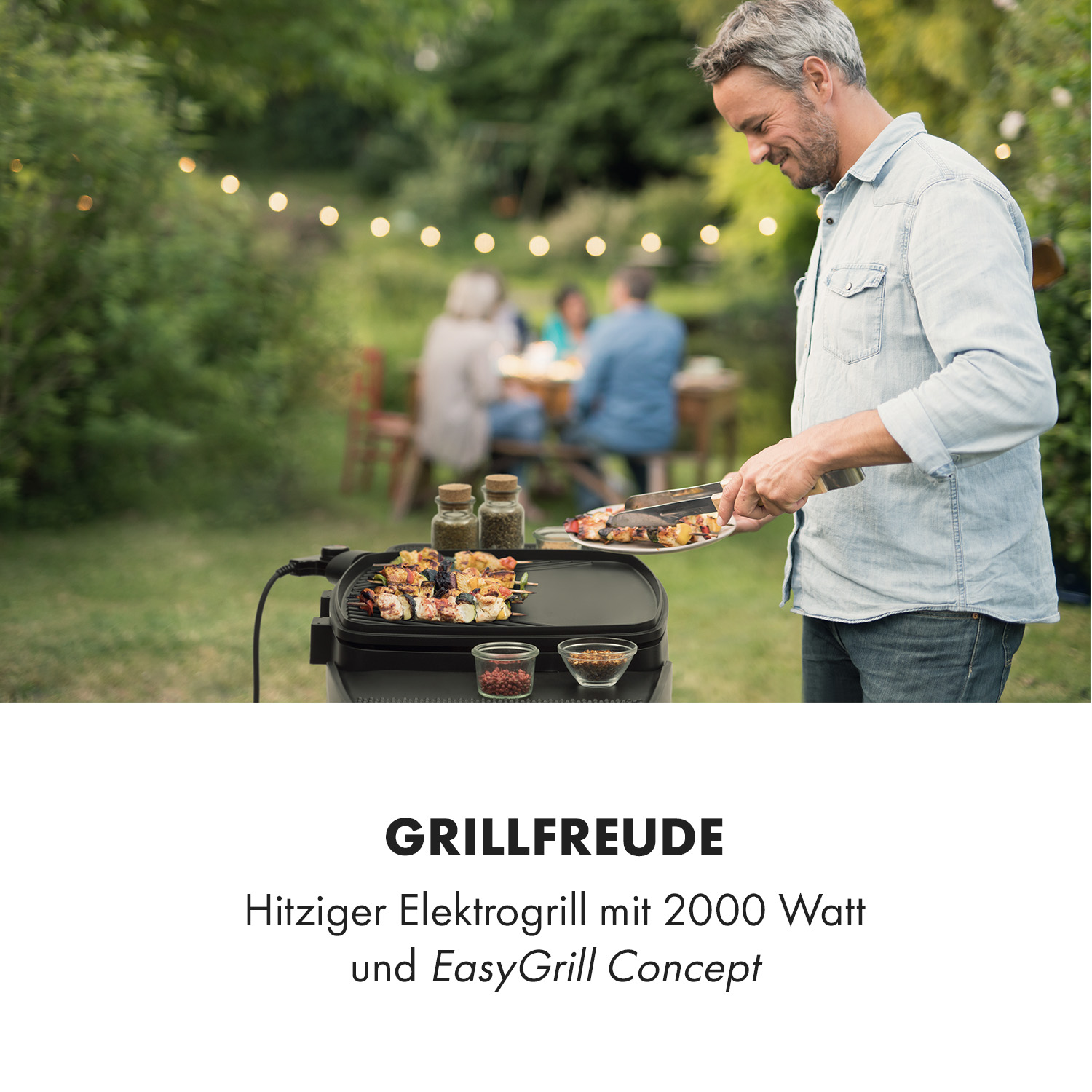 Mann grillt draußen, Grill mit 'EasyGrill Concept' und Text 'Grillfreude'.