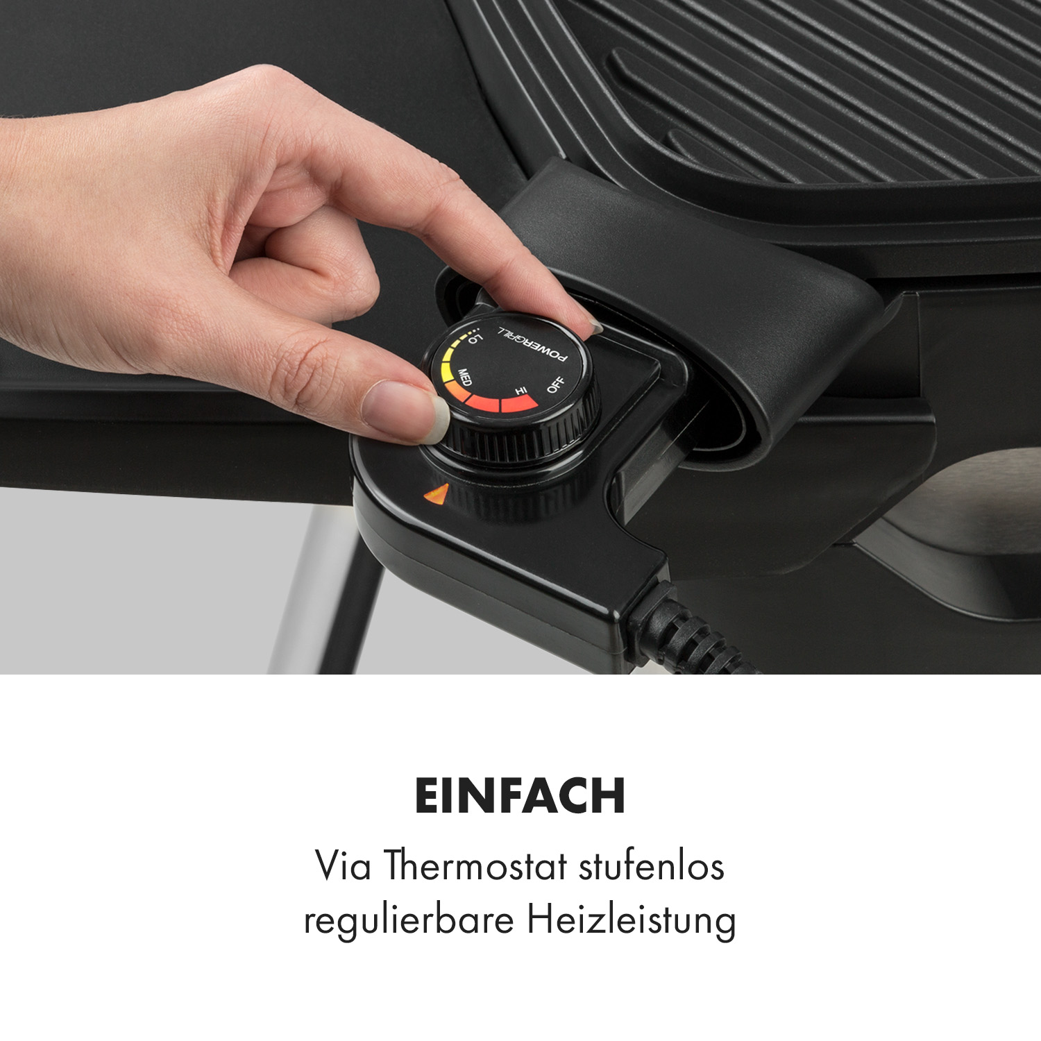 Eine Hand justiert einen Drehregler an einem schwarzen Grill, mit Text zur Temperaturregelung.