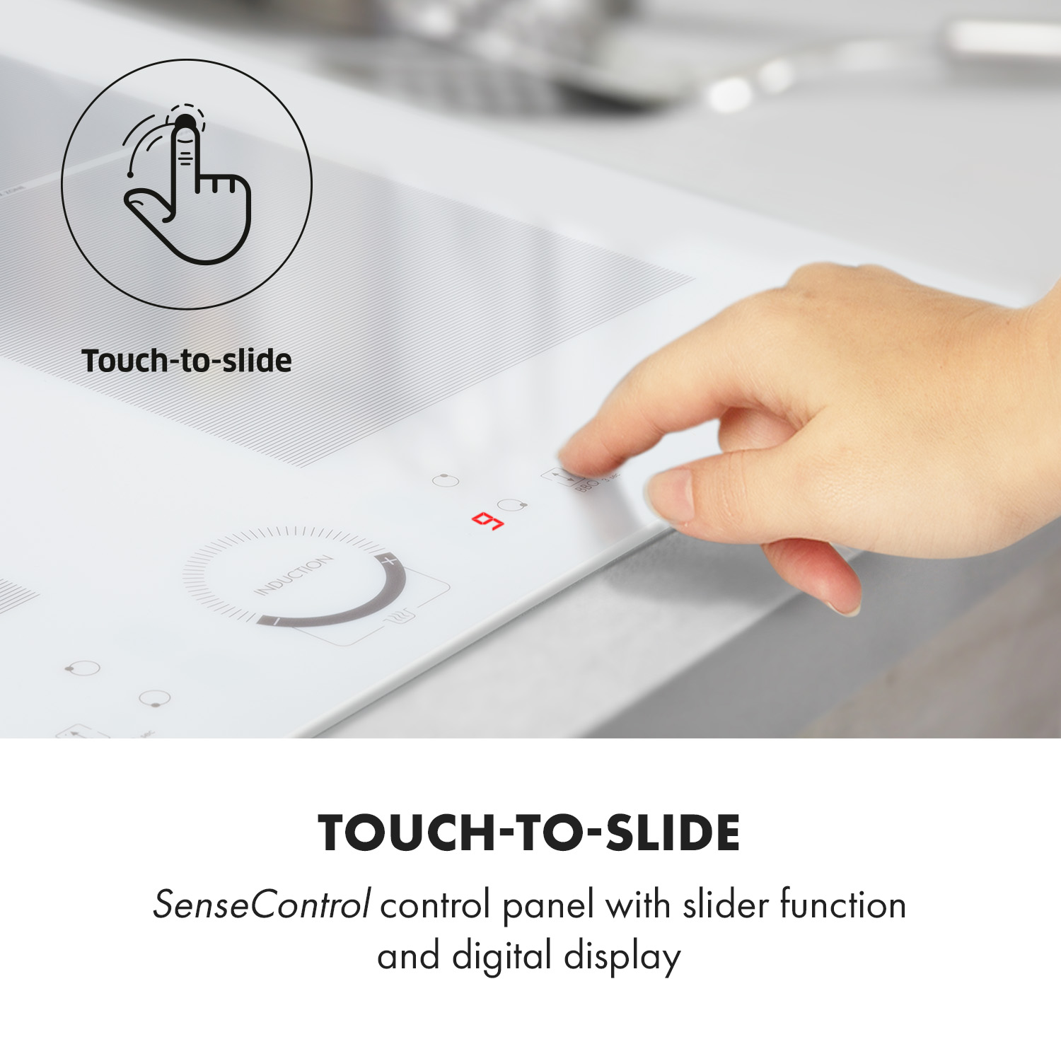Una placa de inducción blanca con controles táctiles. Un dedo toca el botón 'Touch-to-slide'.