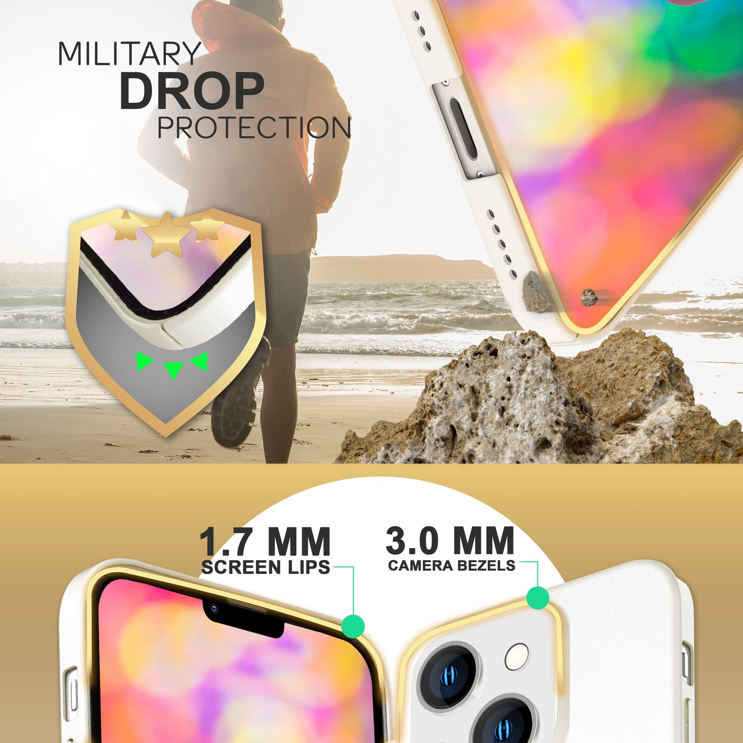 Una funda de teléfono con fondo de playa e información de protección contra caídas.