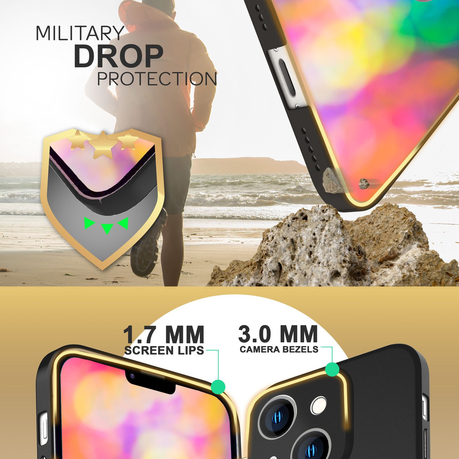 Una funda para teléfono con borde dorado, que muestra una escena de playa. Cuenta con protección contra caídas militares.