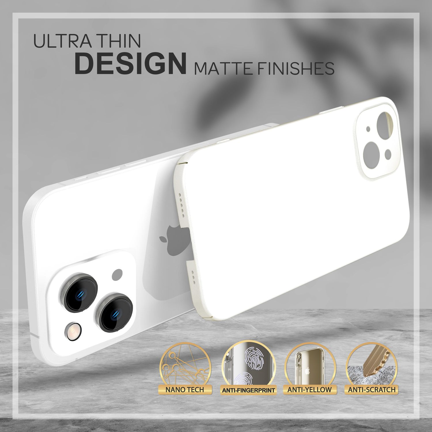 Funda blanca para teléfono con dos teléfonos. Texto: 'Ultra Thin Design' y 'Matte Finishes'.