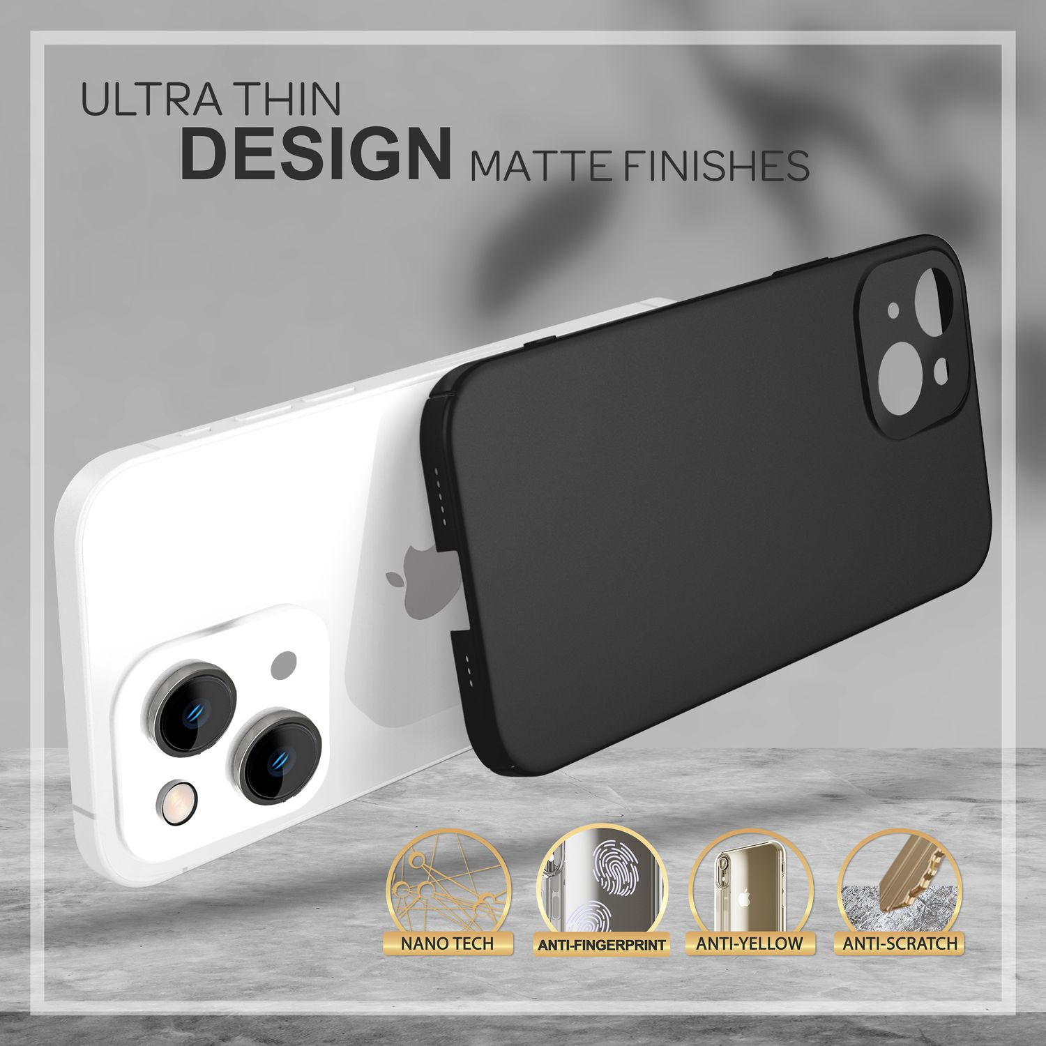 Funda de teléfono blanca con un teléfono negro dentro. La funda está sobre una superficie blanca, con texto e iconos.