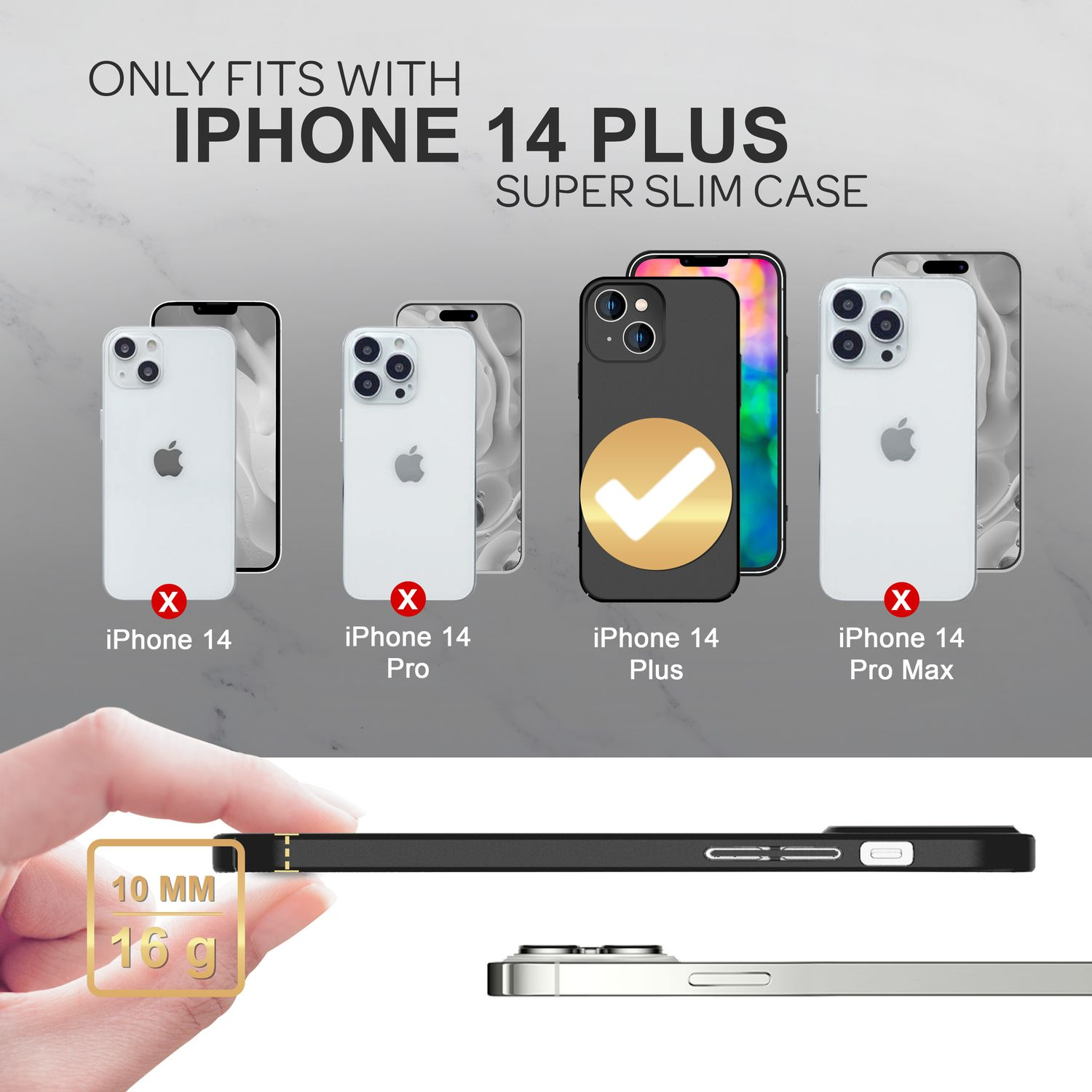 Eine iPhone-Hülle mit anderen iPhone-Modellen und eine Hand, die eine Hülle hält, zeigt Größe und Passform.
