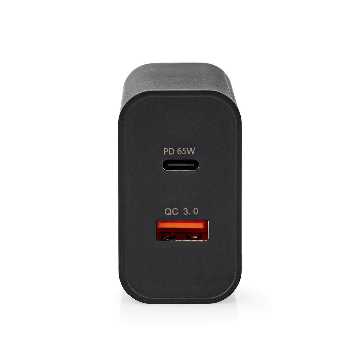 Schwarzes Netzteil mit zwei Anschlüssen. USB-C und USB-A. PD 65W und QC 3.0.