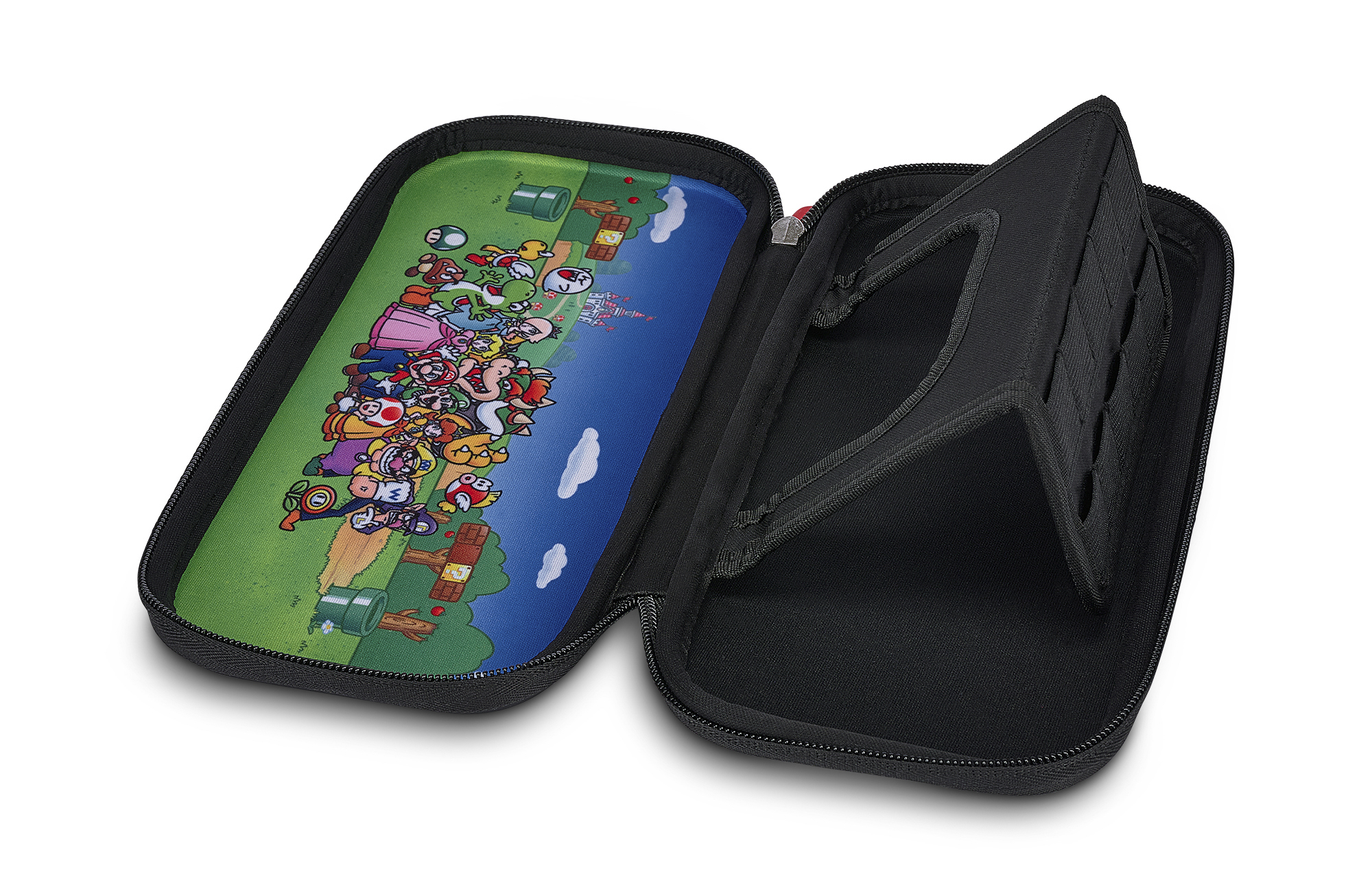 Geöffnete Federtasche mit Videospiel-Charakteren. Schwarzes Etui.
