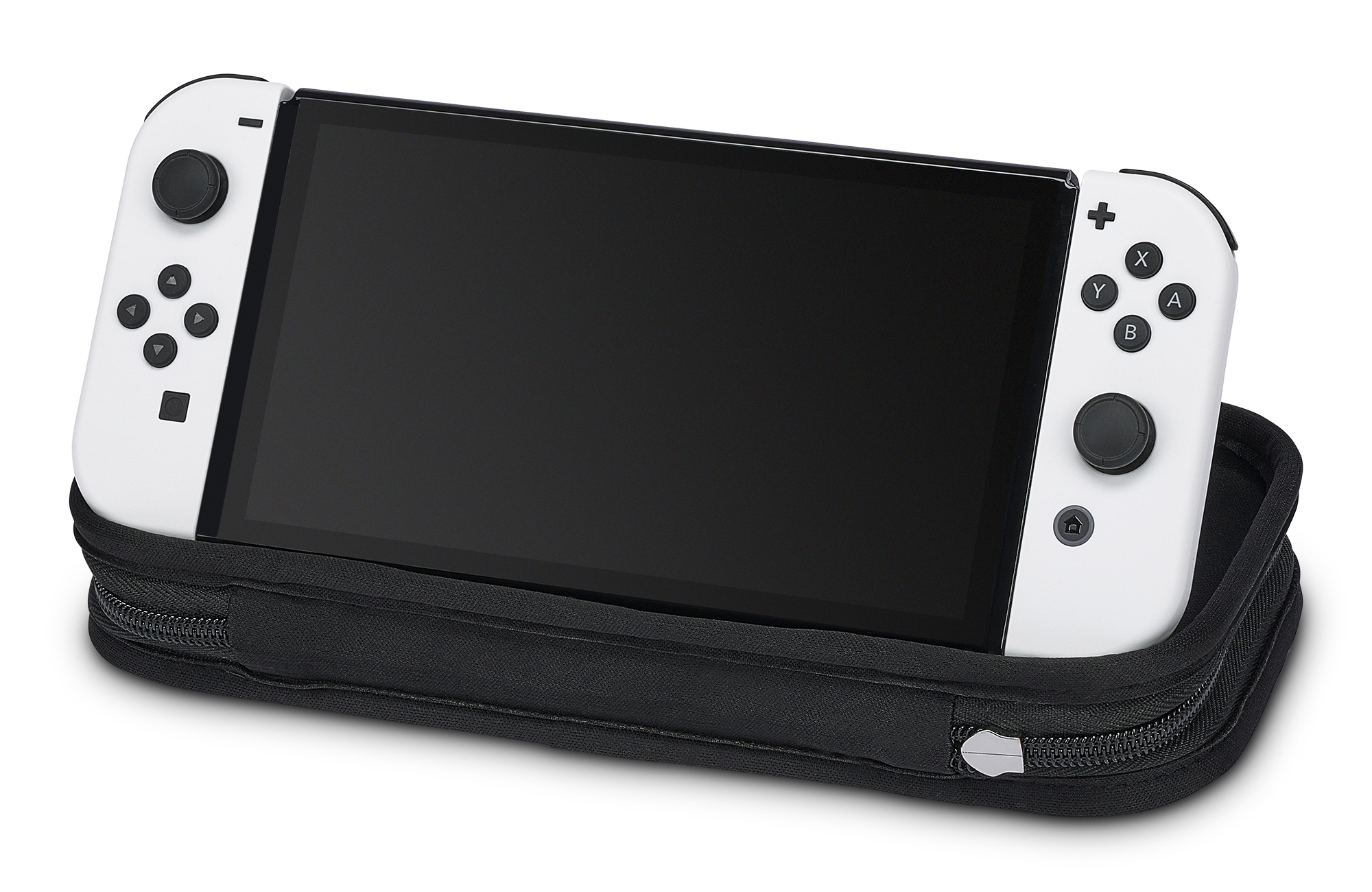 Weiße Nintendo Switch in einem schwarzen Etui mit Reißverschluss. Die Switch liegt in dem Etui.