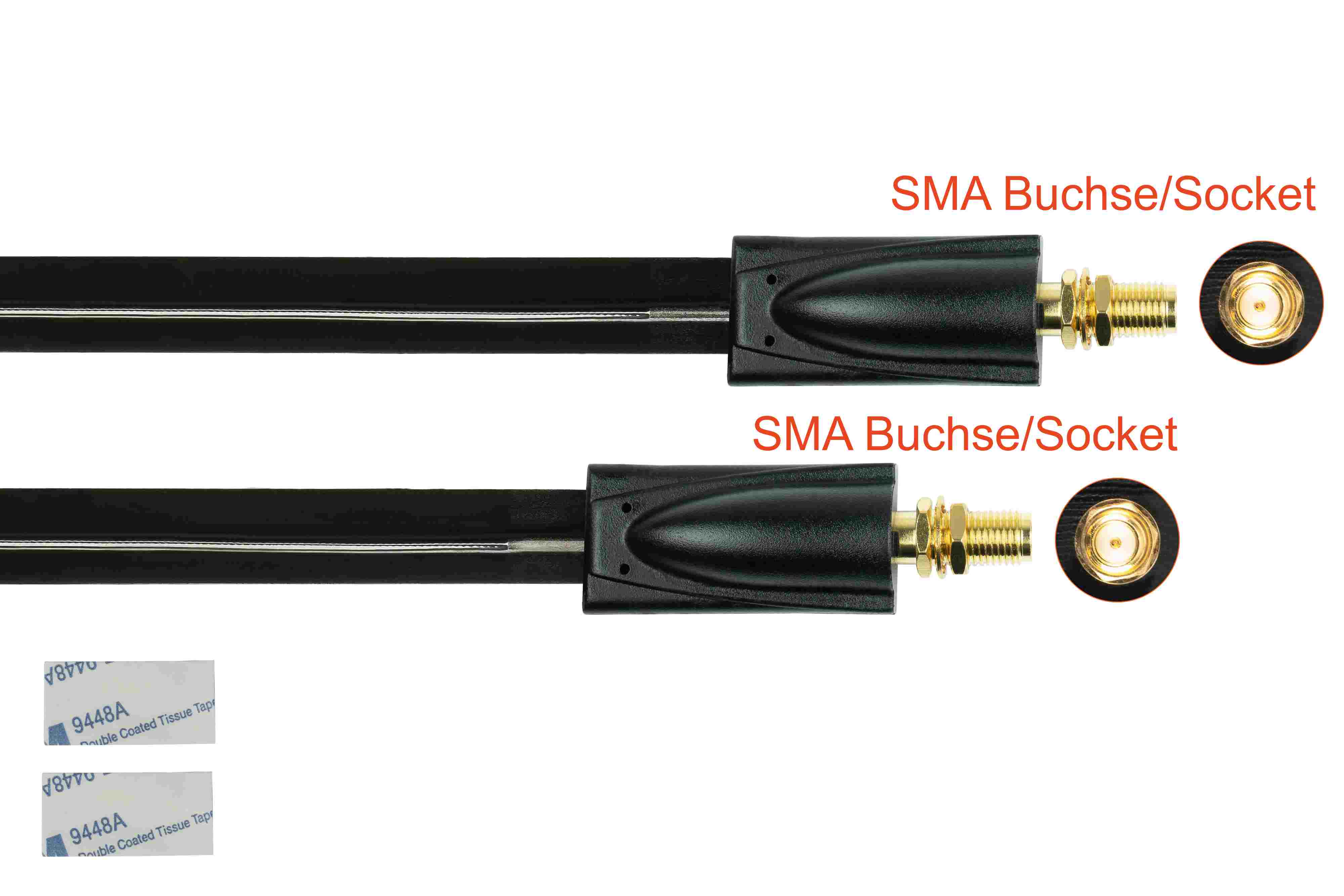Zwei schwarze Kabel mit SMA-Anschlüssen und zwei doppelseitige Klebebänder auf weißem Hintergrund.