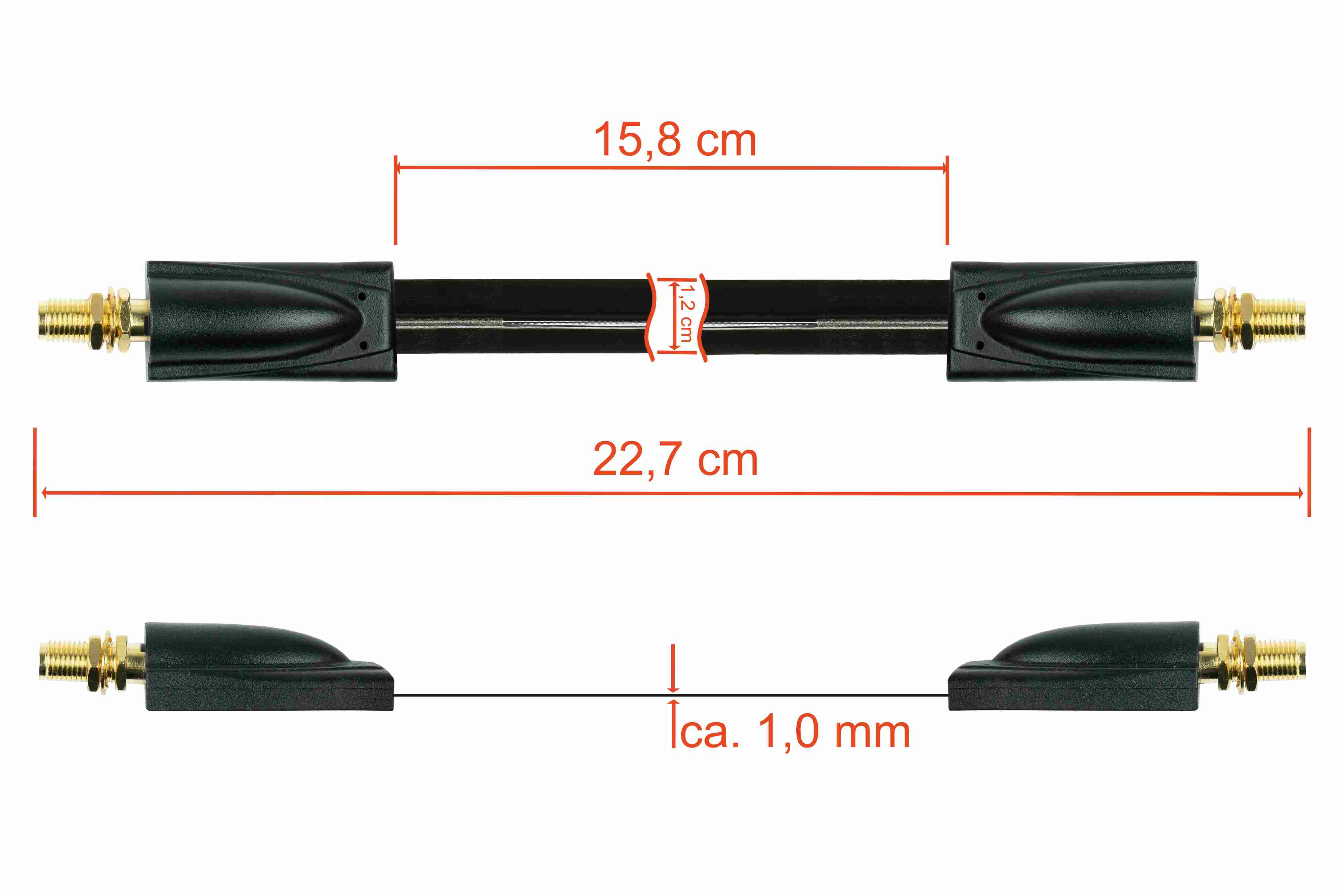 Ein schwarzes Kabel mit Goldsteckern, mit Längen- und Durchmesserangaben auf weißem Hintergrund.