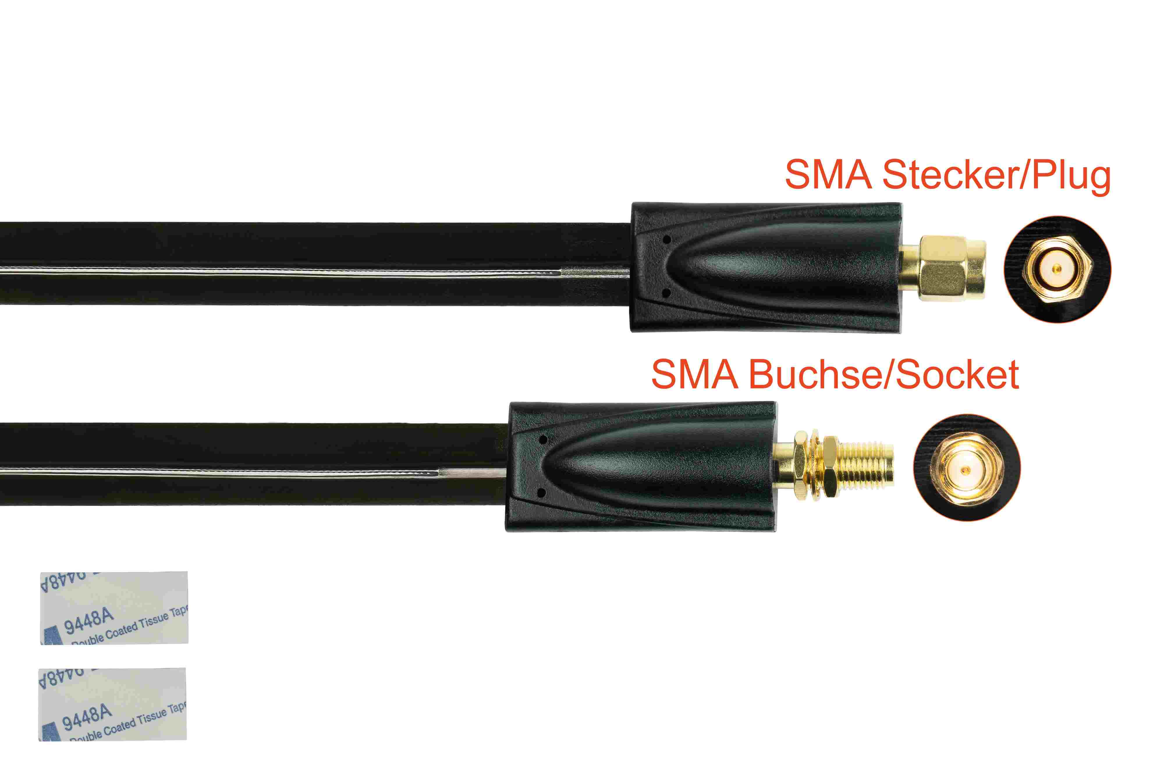 Zwei schwarze Kabel mit SMA-Anschlüssen, beschriftet mit englischem und deutschem Text.