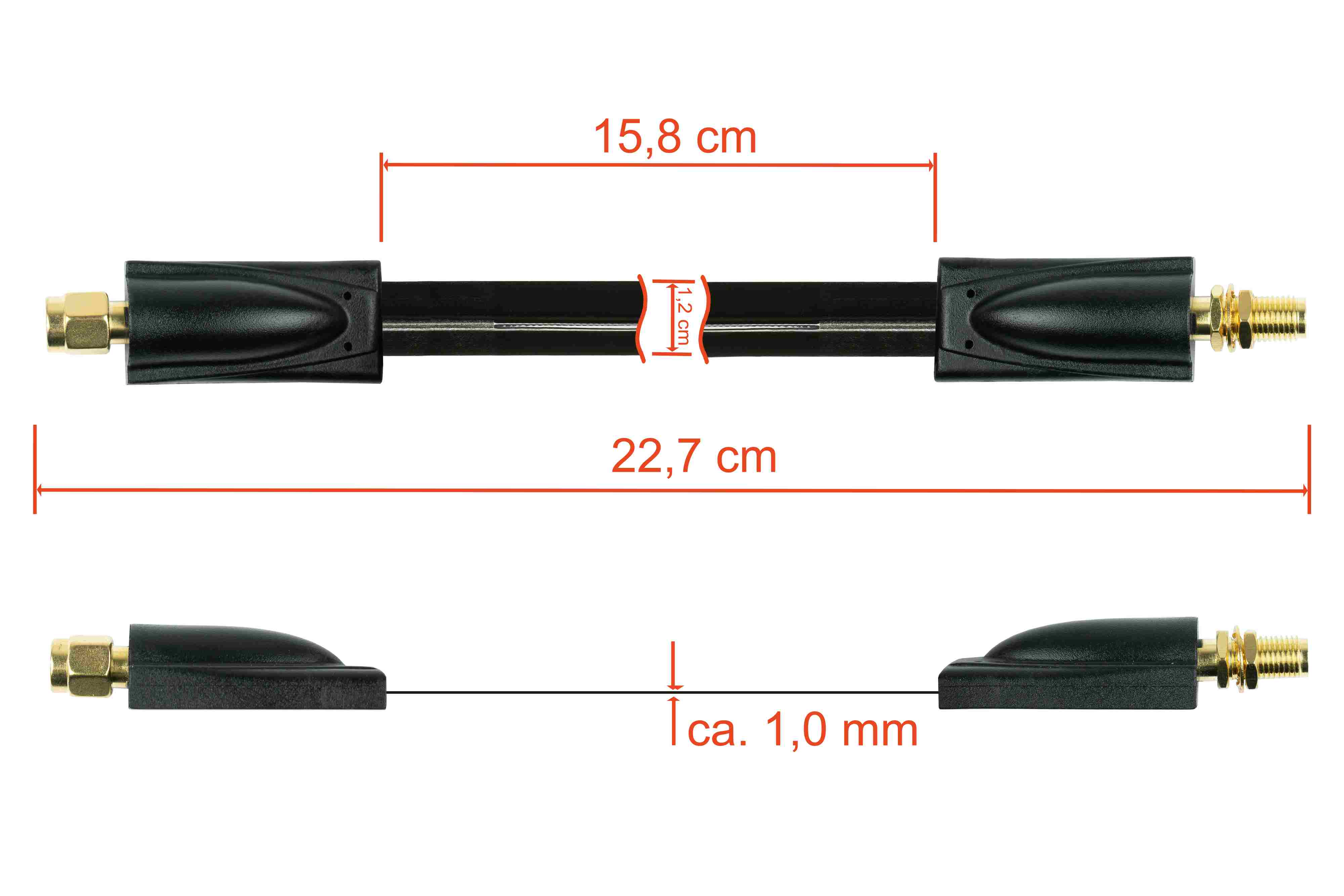 Ein schwarzes Kabel mit goldenen Steckern. Maße in Zentimetern sind oberhalb und unterhalb des Kabels angezeigt.