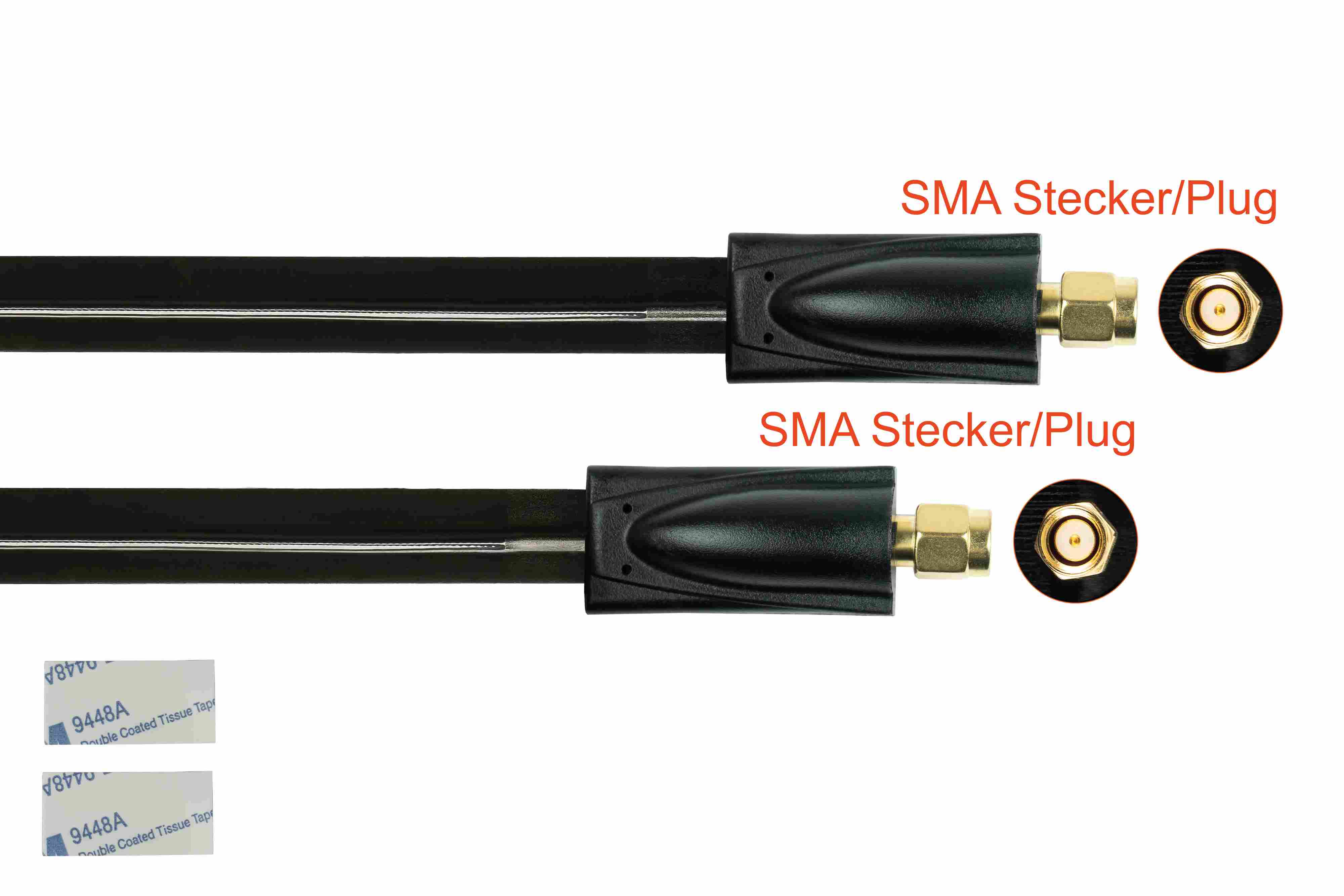 Zwei schwarze Koaxialkabel mit SMA-Anschlüssen. Zwei Klebebänder sind unten sichtbar.