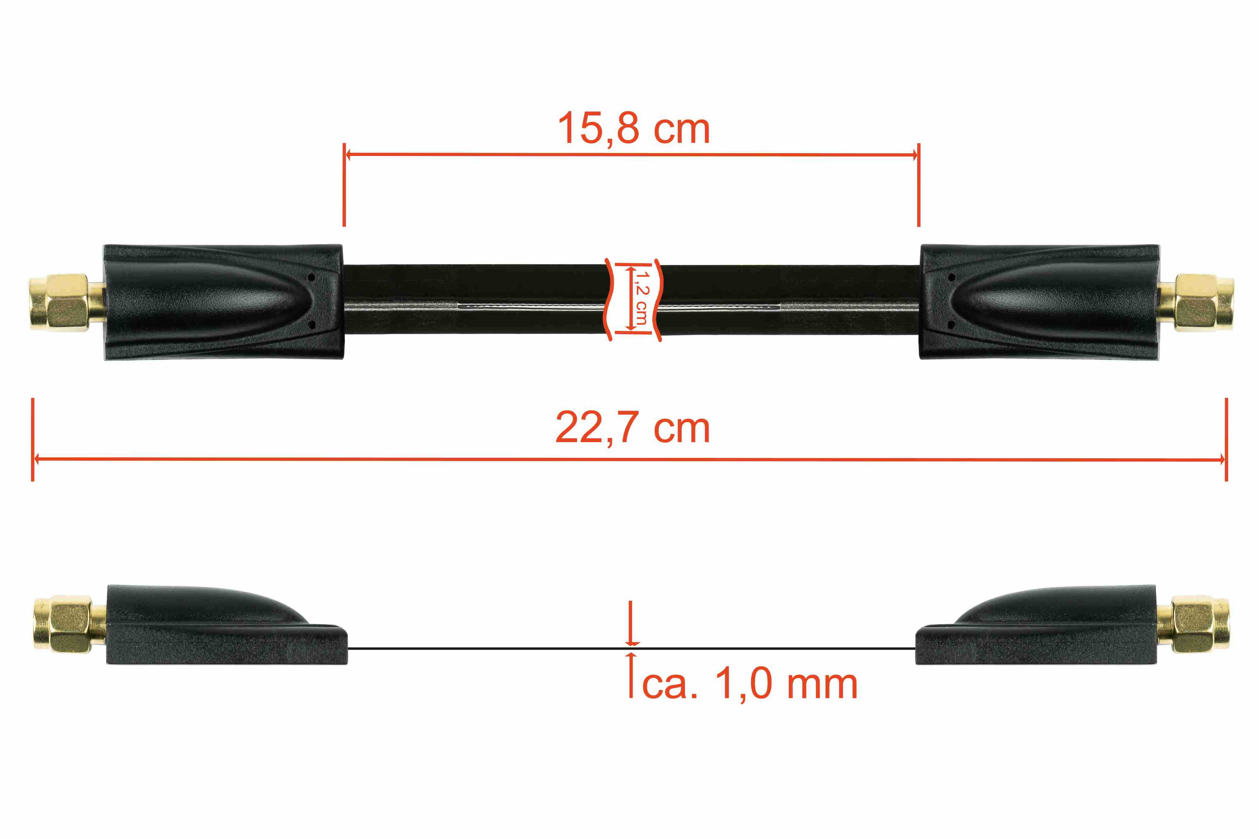 Ein schwarzes Kabel mit Steckern an jedem Ende, das Längen- und Breitenmessungen zeigt.