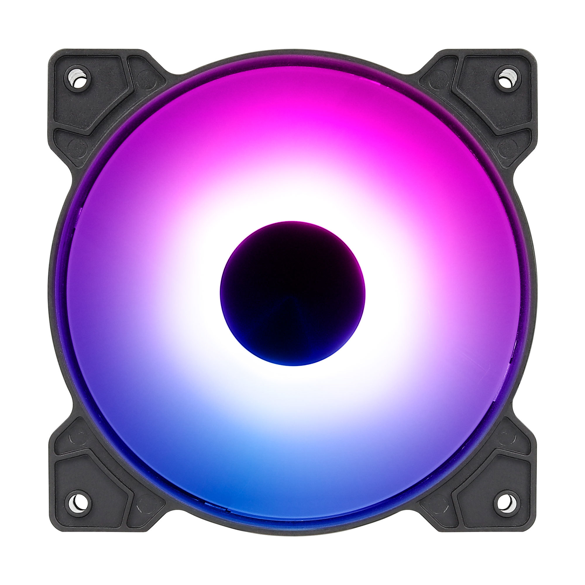 Wentylator komputerowy z okrągłym światłem LED, które zmienia kolory na różowy, fioletowy i niebieski.