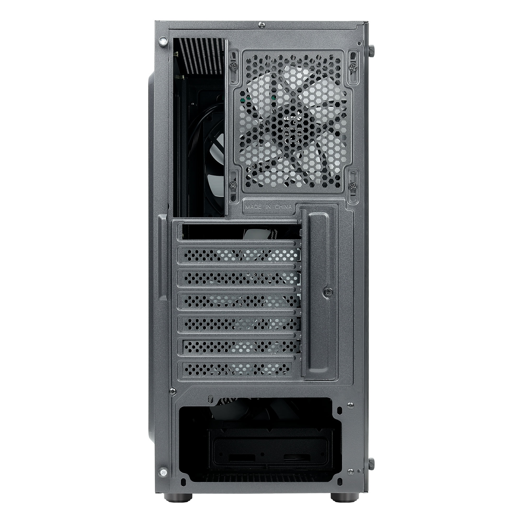 Widok z tyłu szarej obudowy komputera z wentylatorem i otworami wentylacyjnymi.