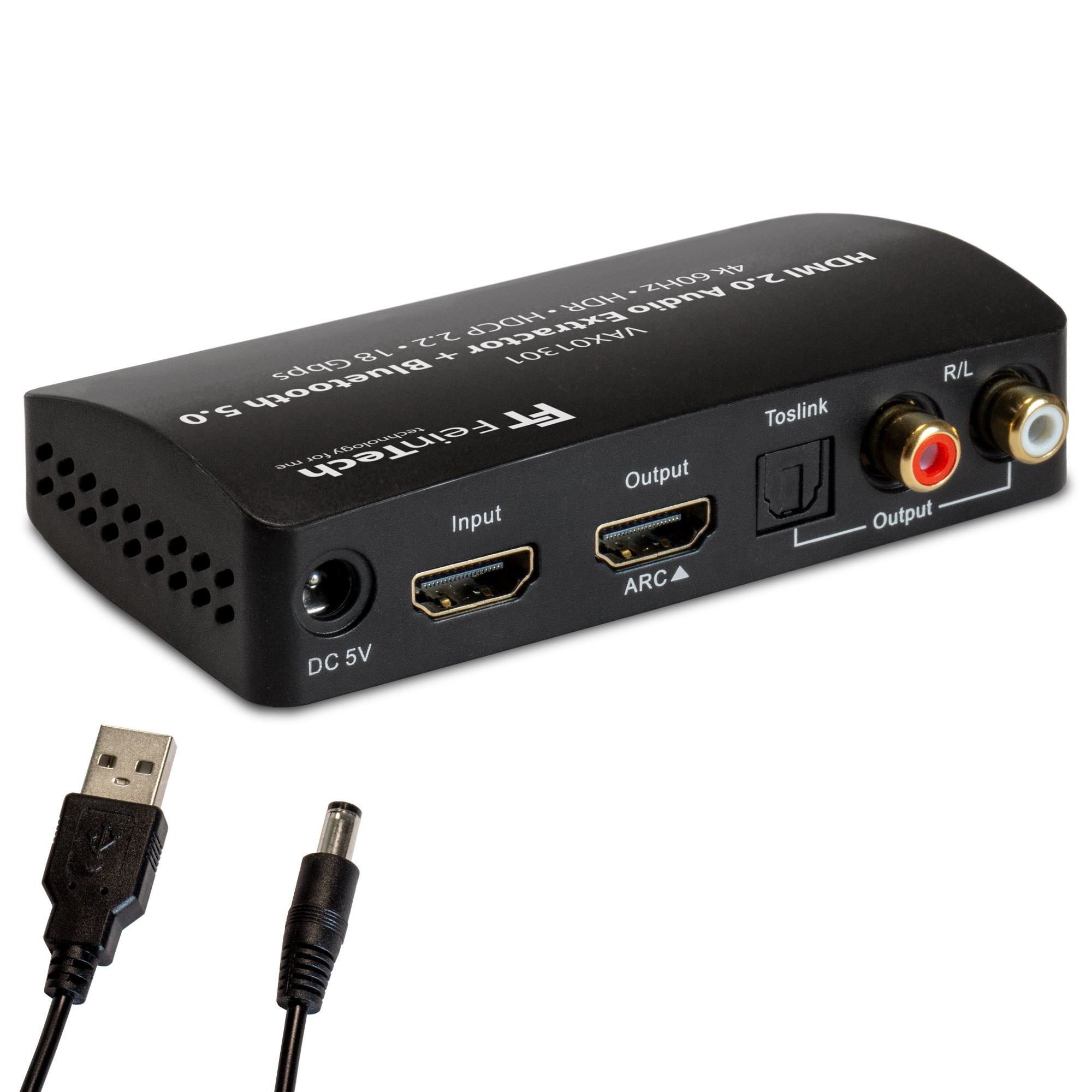 Schwarzer HDMI 2.0 Audio Extractor mit Kabeln. Eingangs-, Ausgangsports und Bluetooth 5.0 sichtbar.