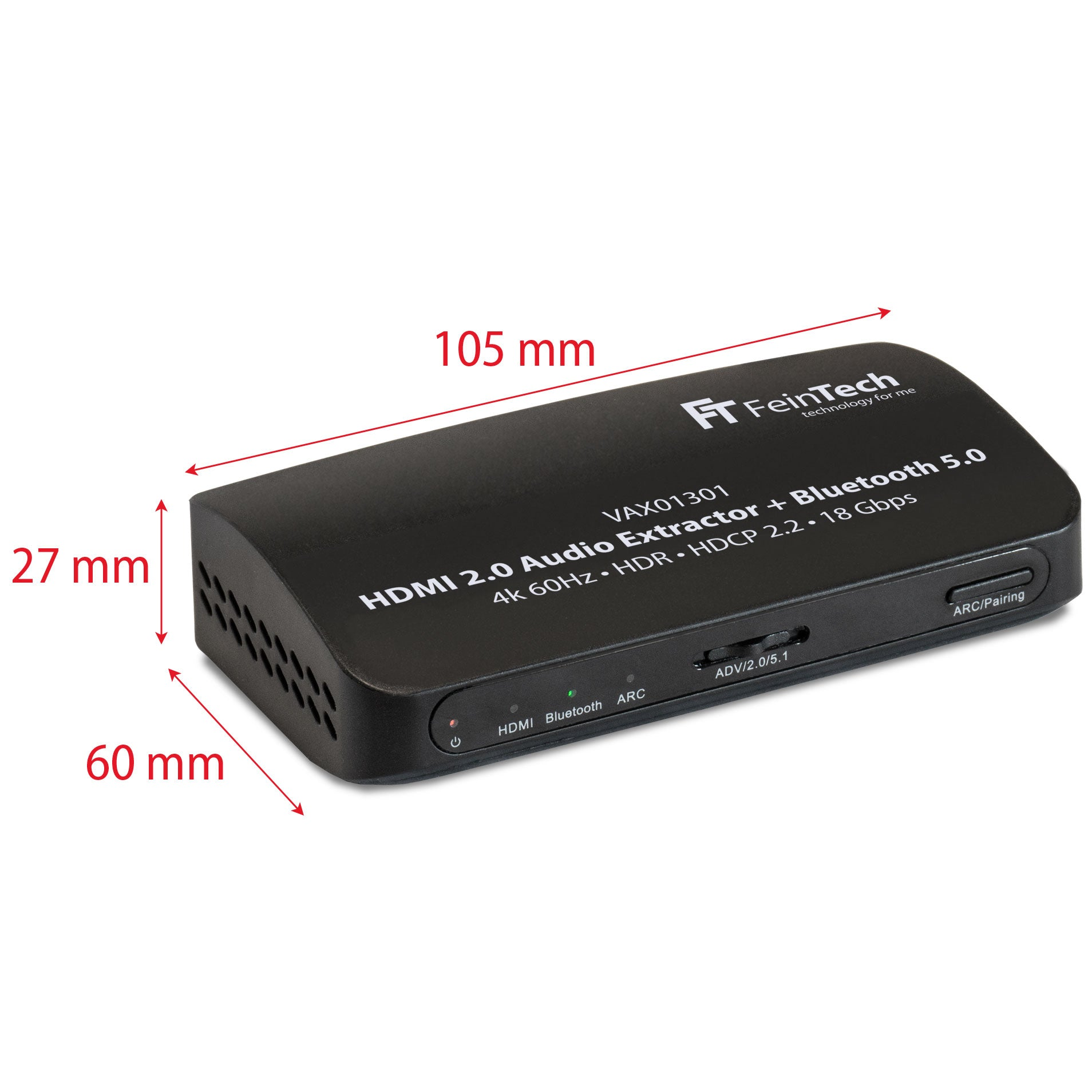 Schwarzer HDMI 2.0 Audio Extractor und Bluetooth 5.0 Gerät mit angezeigten Abmessungen.