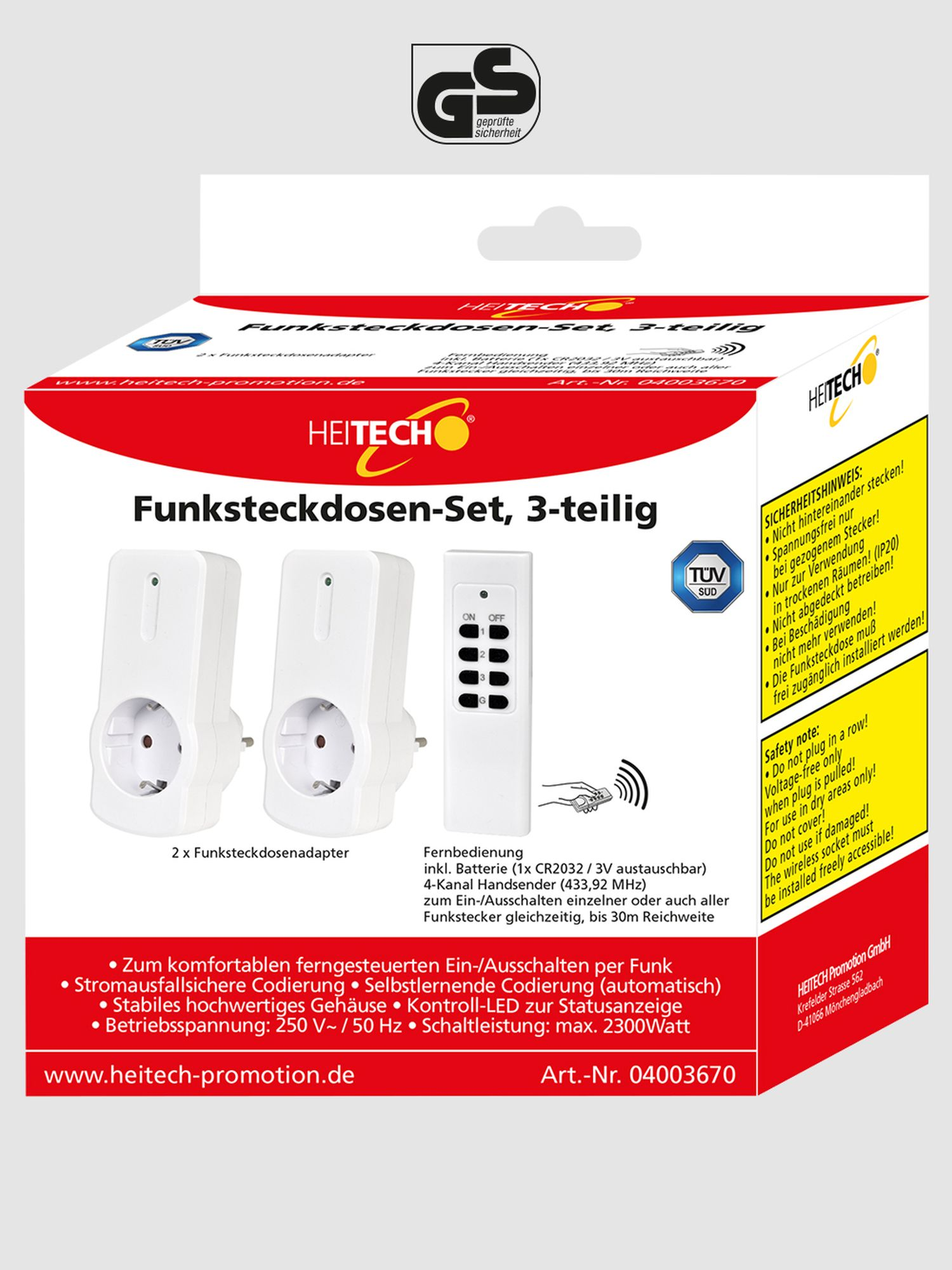 Eine Box eines drahtlosen Steckdosensets, einschließlich zweier Steckdosen und einer Fernbedienung. Anweisungen sind aufgedruckt.