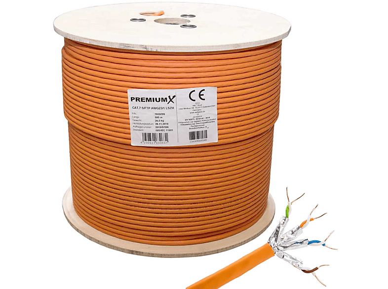 PREMIUMX 500m CAT 7 Netzwerkkabel Simplex LAN Kabel Datenkabel, Netzwerkkabel, 500 m