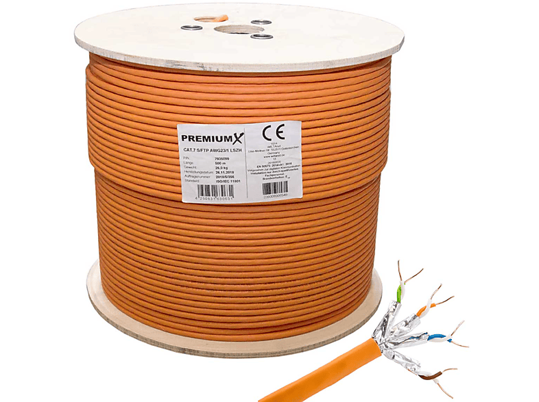 PREMIUMX 500m CAT 7 Netzwerkkabel Simplex LAN Kabel Ethernet Datenkabel, Netzwerkkabel, 500 m