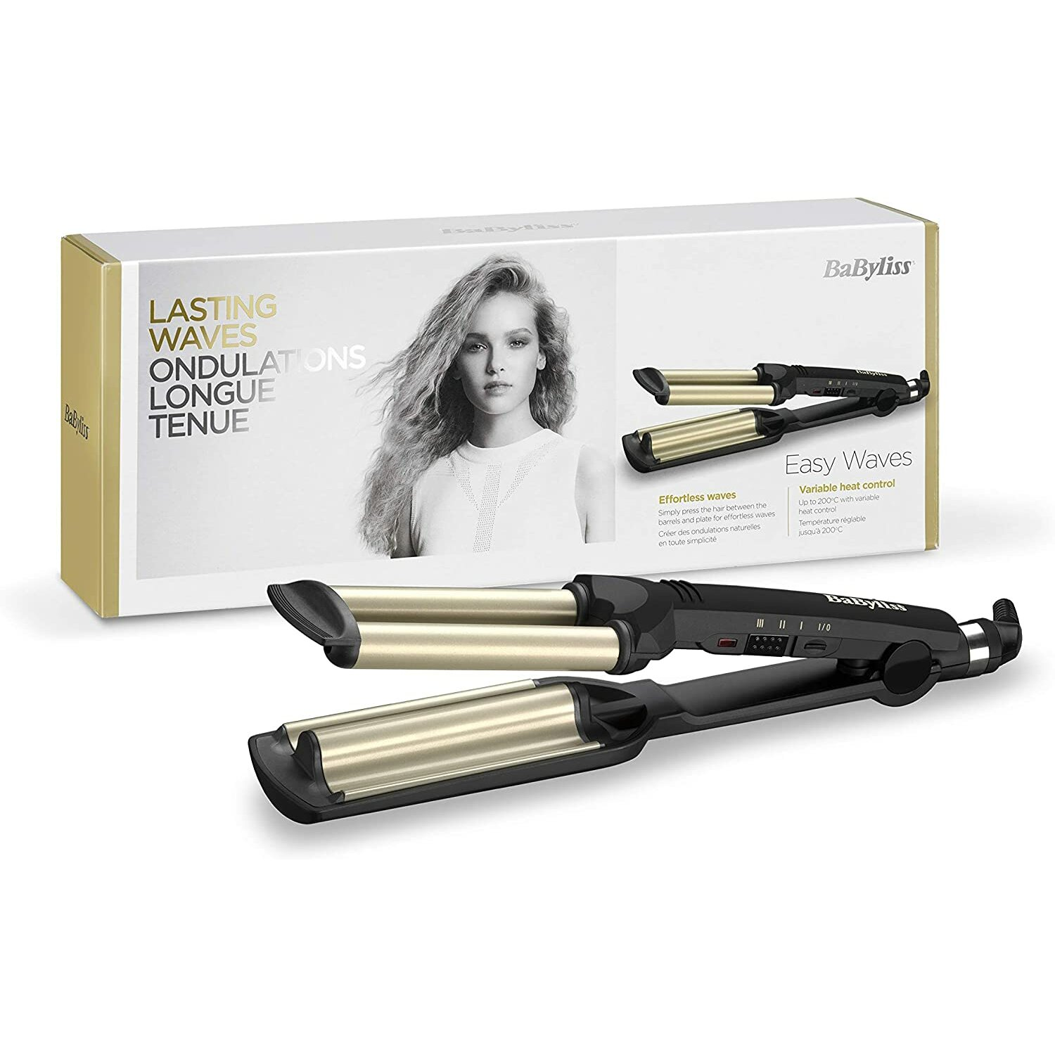 Haarwellengerät mit Verpackung, auf der Vorderseite ist eine Frau abgebildet.