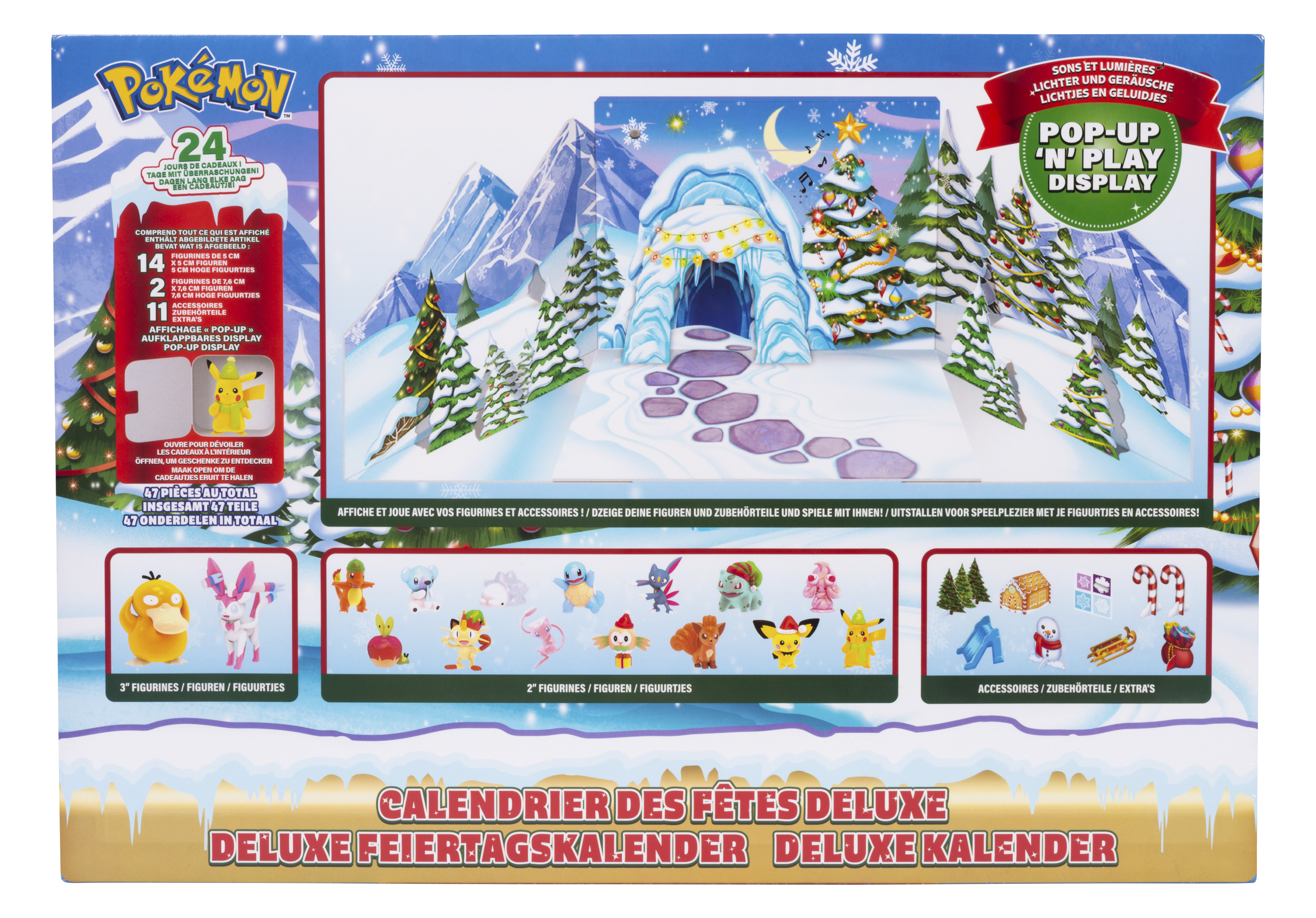 Ein Pokémon-Adventskalender mit Pop-up-Display, Figuren und Zubehör in einer verschneiten Szene.