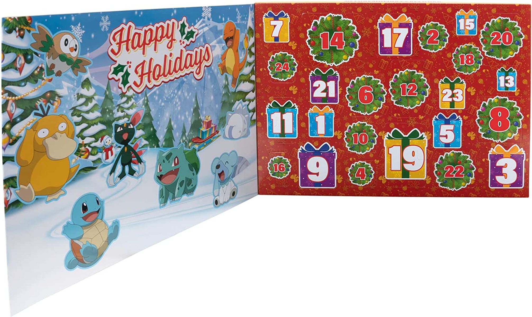 Adventskalender mit Pokémon-Charakteren. Er ist geöffnet und zeigt eine Weihnachtsszene und nummerierte Türen.