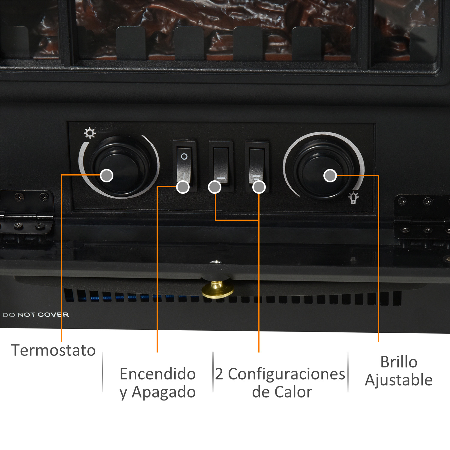 Detalle de un panel de control de calefactor. Termostato, encendido y calor con etiquetas en español.