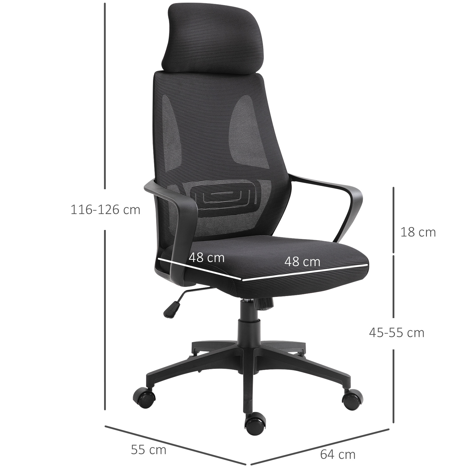 Sedia da ufficio ergonomica nera con schienale in rete, etichettata con dimensioni. La sedia ha poggiatesta e braccioli.